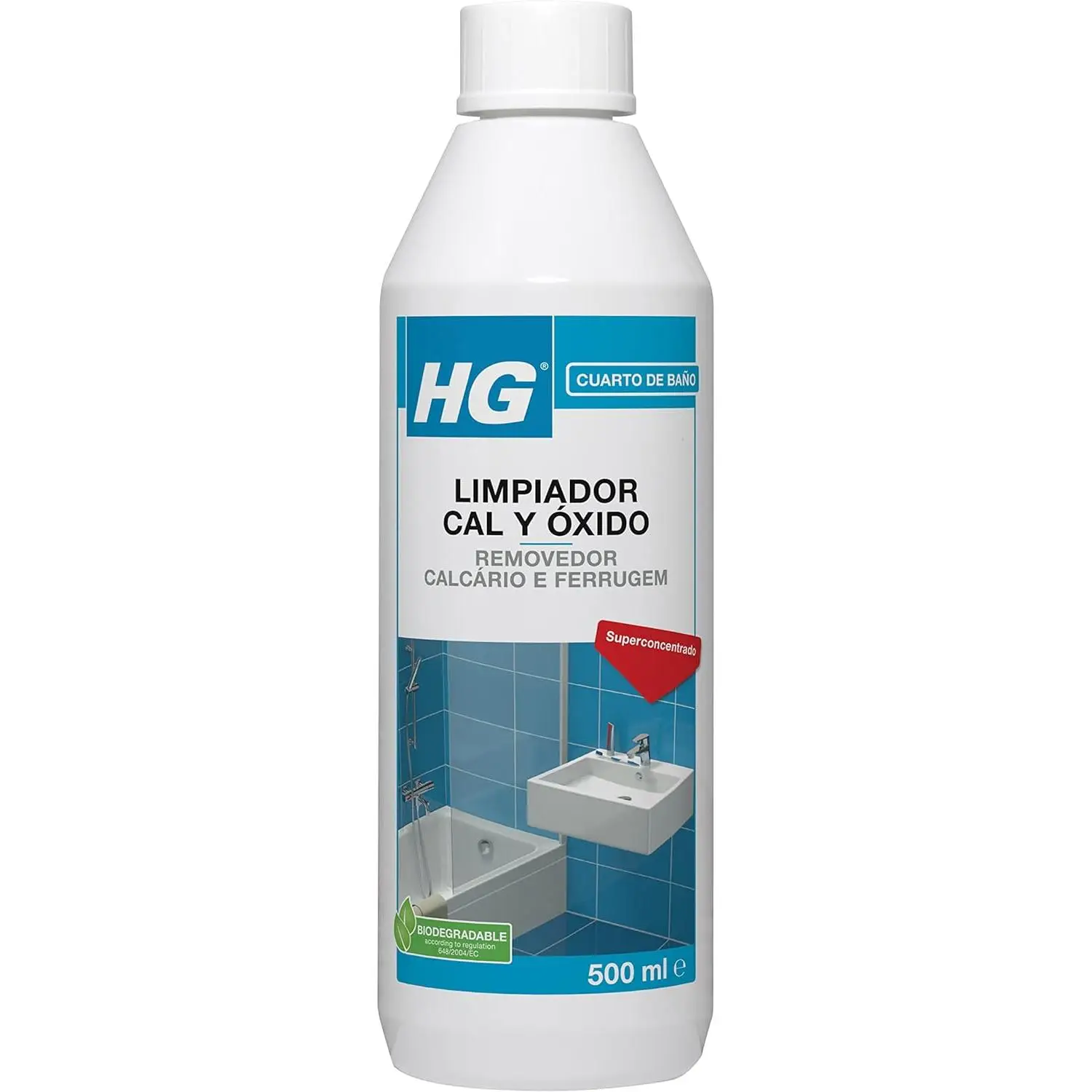 HG Limpiador Cal y Óxido, Elimina los Depósitos de Cal en Grifos de Lavabo e Inodoros, Limpiador y Descalcificador para Cabezales de Ducha, Baños y Bañeras - 500ml