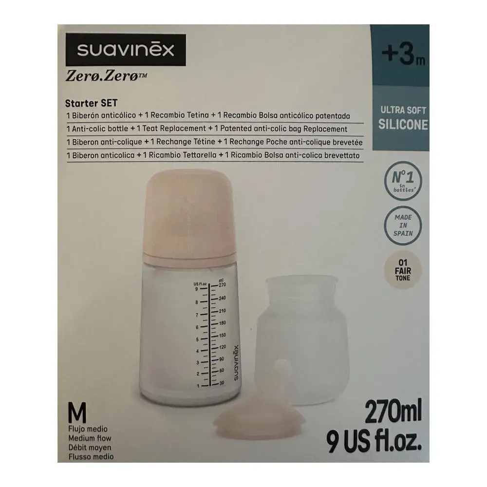 Suavinex Set Biberón Anticólicos Zero.Zero 270ml, +3M, flujo Medio (M), con Tetina y Bolsa de Recambio, Silicona Ultra Soft , color Fair.