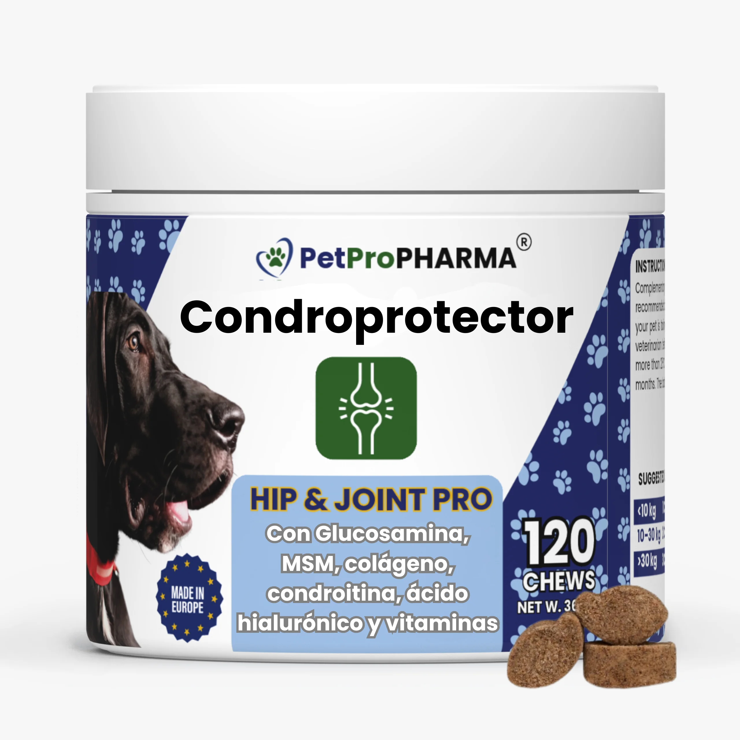 Hip & Joint PRO - Condroprotector Perros y Gatos. Antiinflamatorio Natural para Cadera y articulaciones, con ácido hialurónico,MSM, glucosamina, condroitina, colágeno y vitaminas. 120 Galletas. 360g.