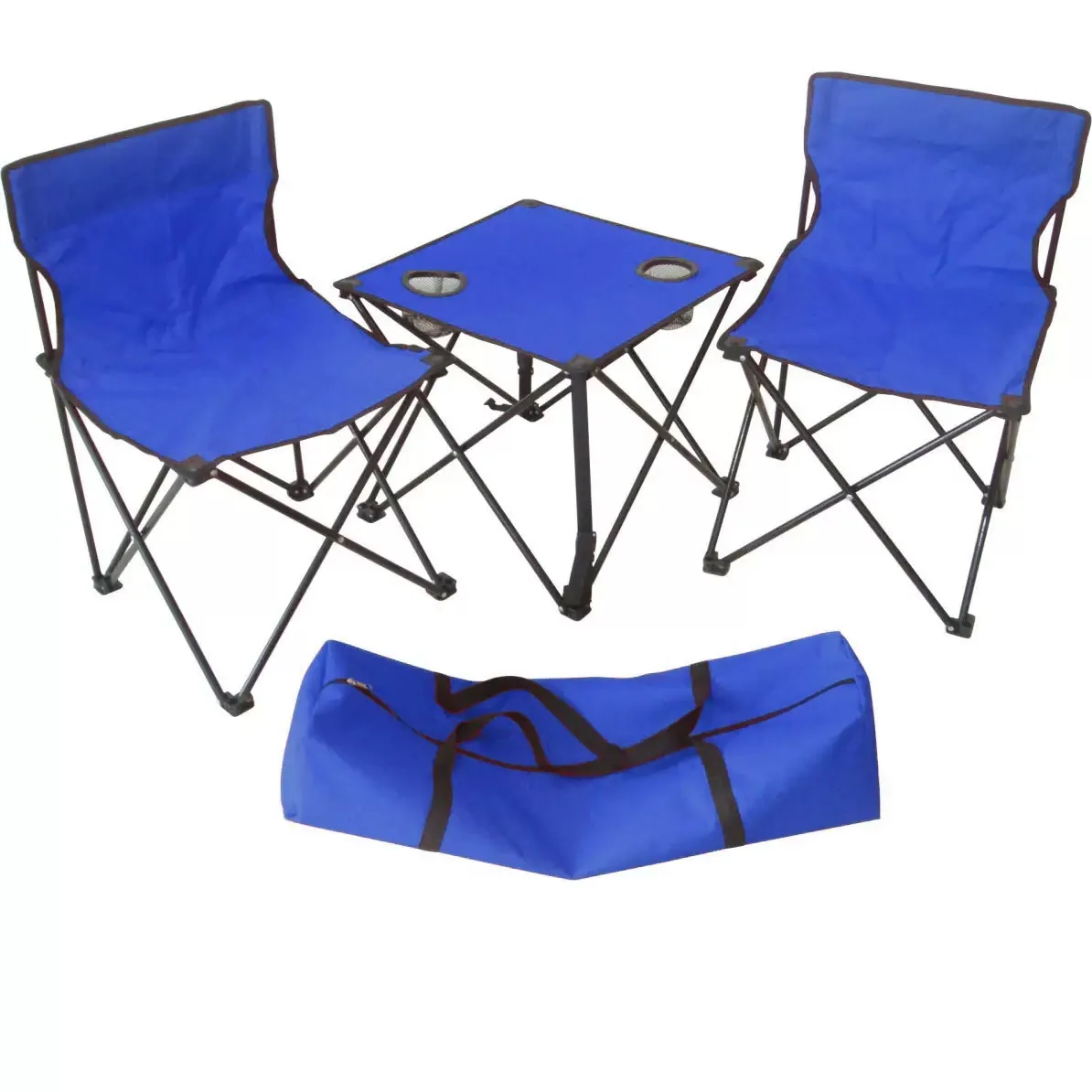 Conjunto de Mesa y 2 Sillas Plegables para Camping, Juego Portátil con Portavasos, Estructura Resistente, Incluye Bolso de Transporte, Ideal para Picnic, Playa, Jardín y Actividades al Aire Libre.