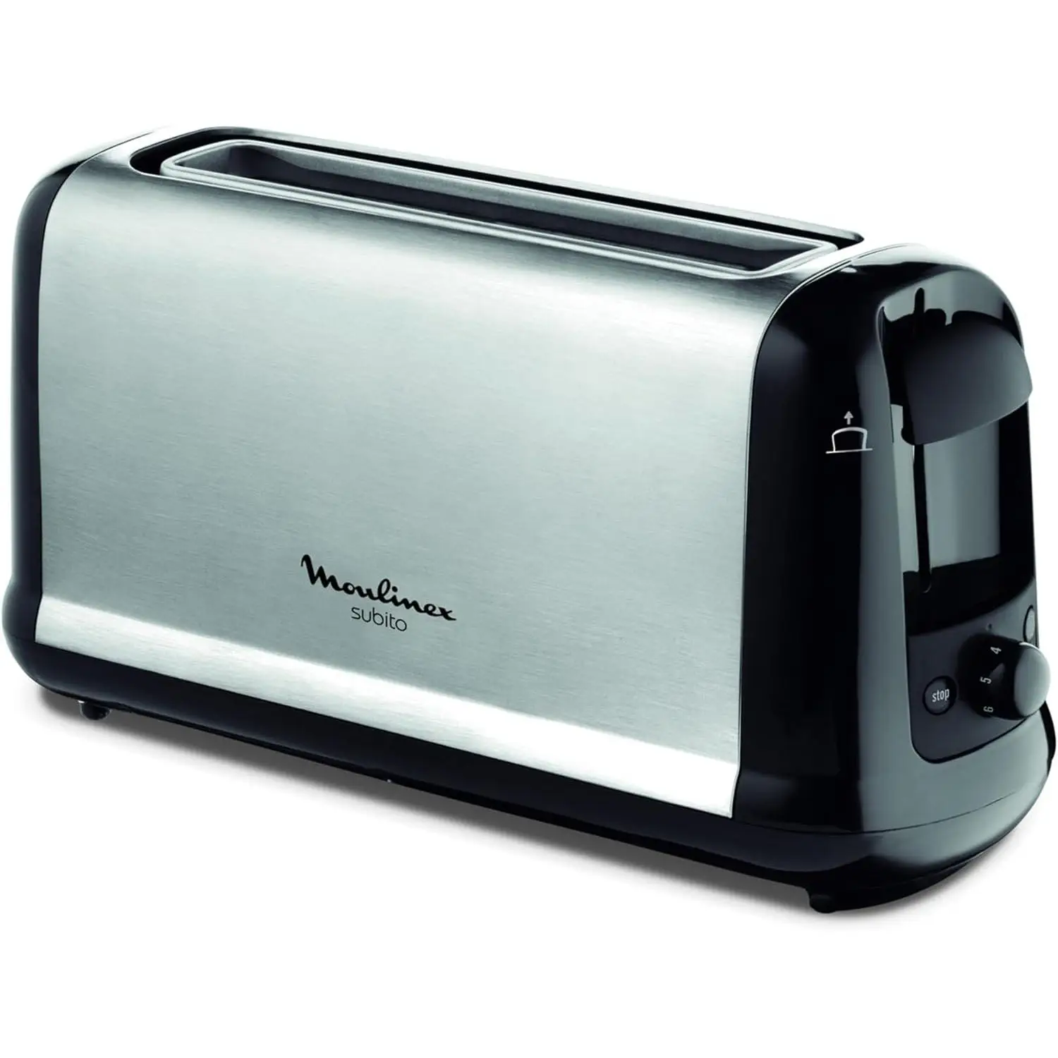 Moulinex Subito LS2608 - Tostadora 1 ranura extragrande, 1000 W, 7 ajustes/tiempo de tostado, función Stop, bandeja recoge-migas, 2 funciones descongelar y recalentar, Negro/Acero Inoxidable