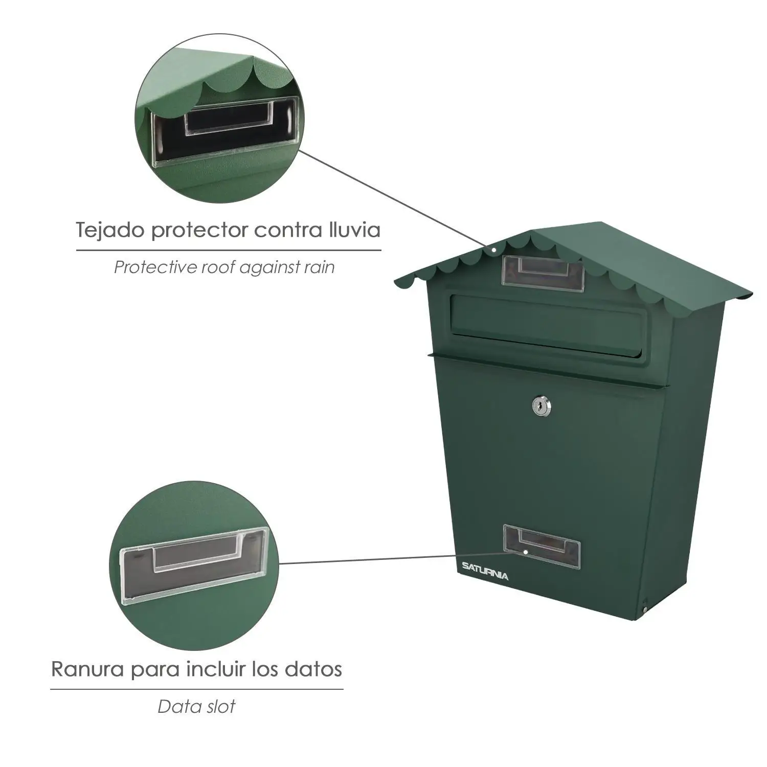 330x125x365 (alt.) mm green house exterior mailbox with roof, painted steel. Wall mailbox, letter mailbox, Post mailbox