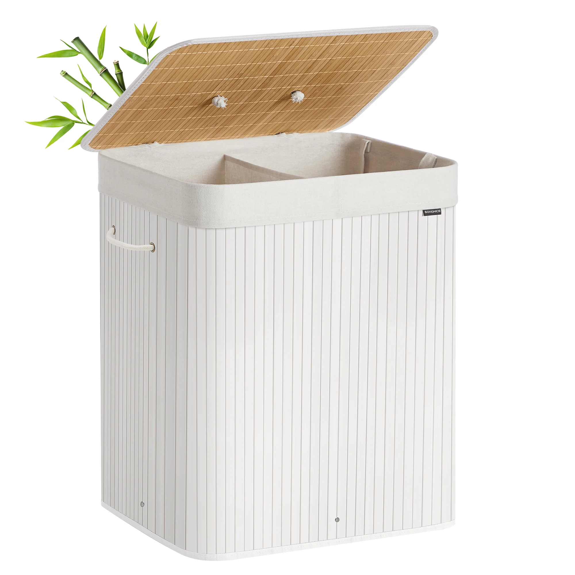SONGMICS Cesto de la Ropa Sucia con Tapa, 2 compartimentos, 120 L, Cesta de Lavandería de Bambú, Plegable, con Bolsa Lavable Extraíble, Asas, para Lavandería, Dormitorio, Blanco/Natural