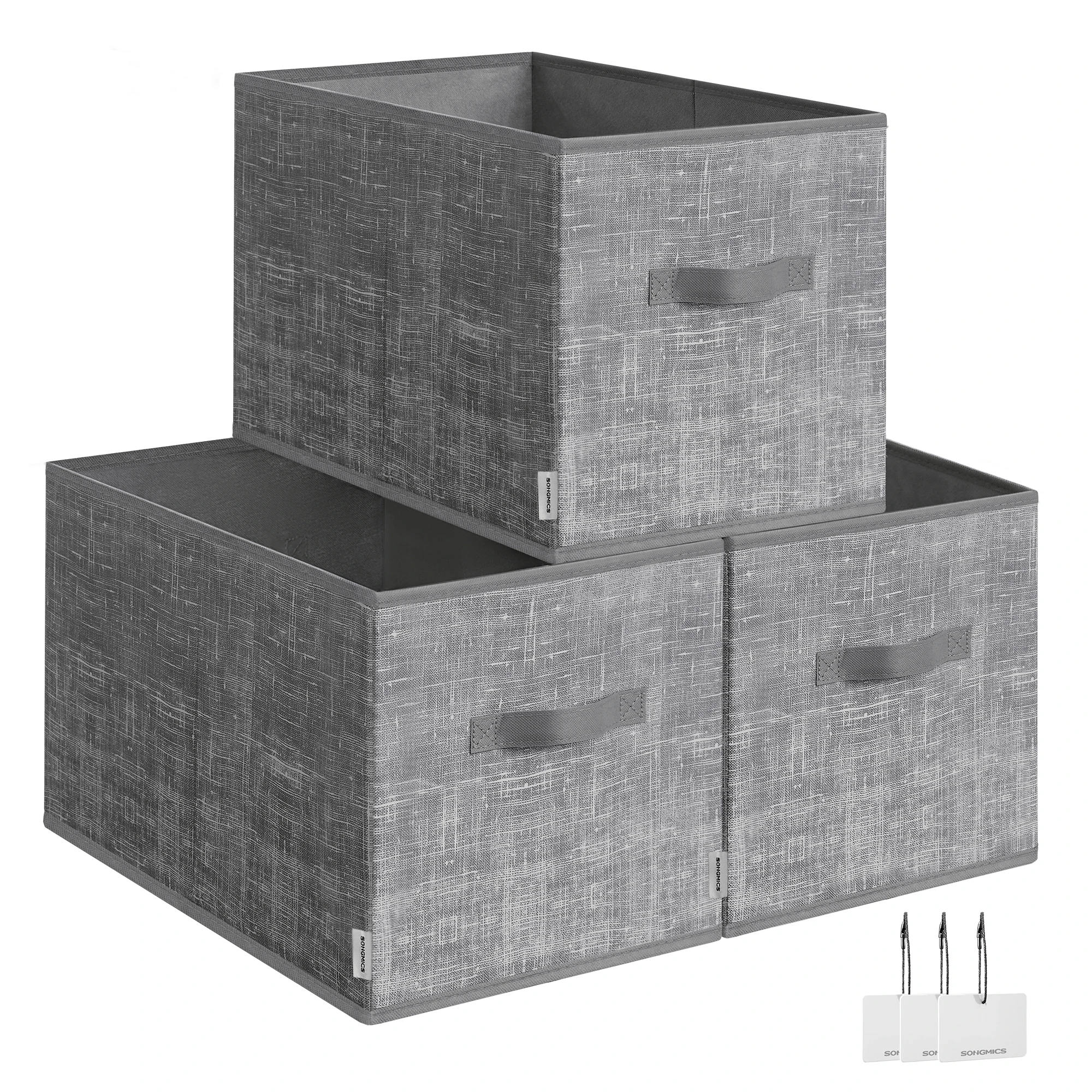SONGMICS Cajas de Almacenaje Plegables, Juego de 3 Cestas de Tela, 50 x 30 x 30 cm, Organizadores de Armario, 2 Asas, Portaetiquetas, para Dormitorio, Salón, Gris Espadaña
