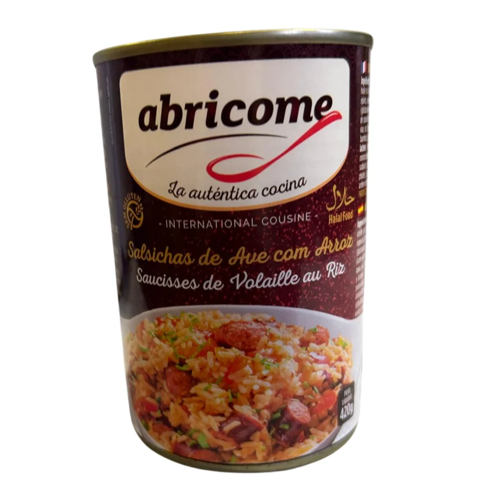 Lata de salchicha halal con arroz 420g - Marca Abricome: ¡Una deliciosa comida enlatada lista para comer!