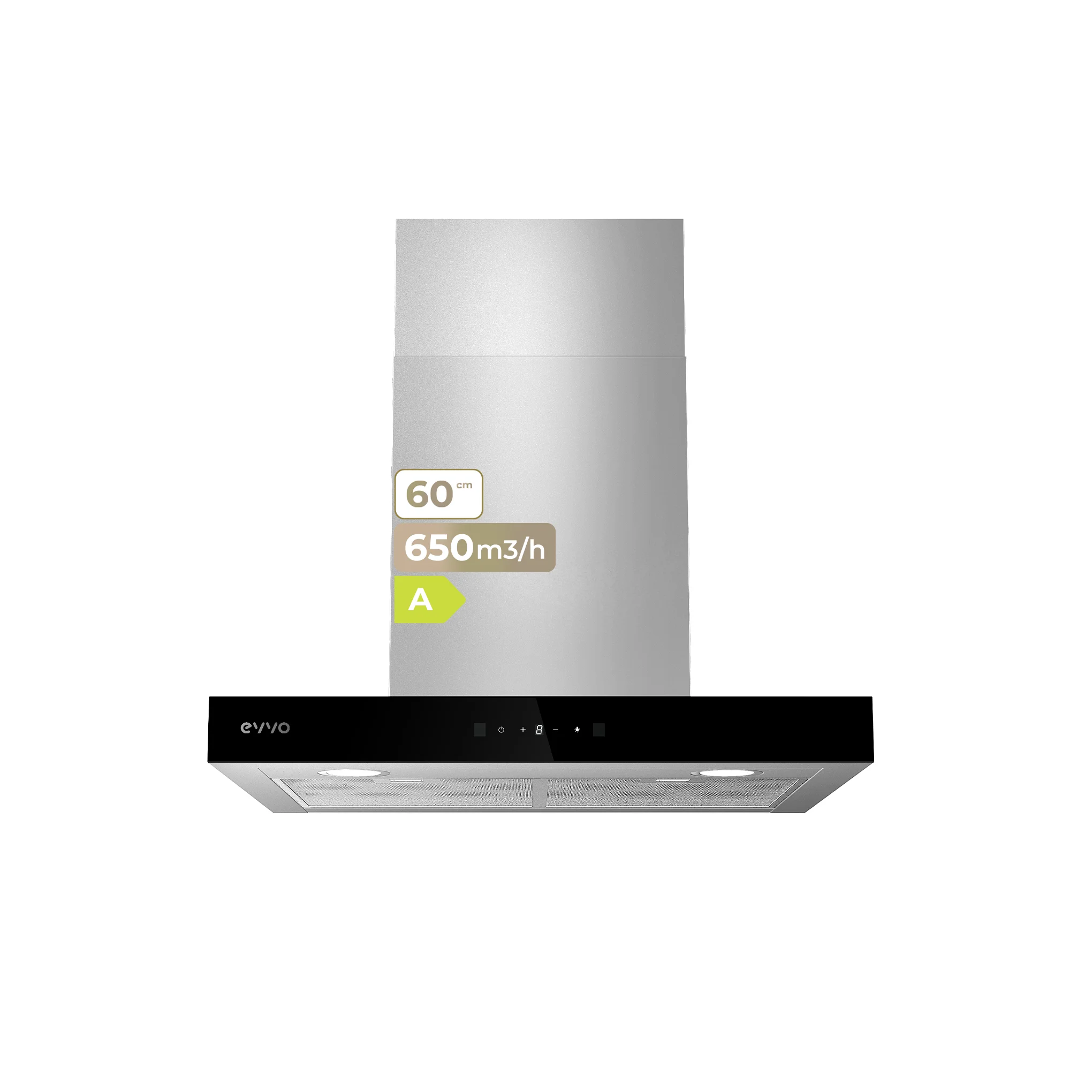Evvo Campana Extractora Ce31 Decorativa 60 Cm, 650 M³/H, 3 Velocidades, Modo Boost, Táctil Display, Led, Temporizador, A. Clara/Carbón , Leroy Merlin - Imagen 3