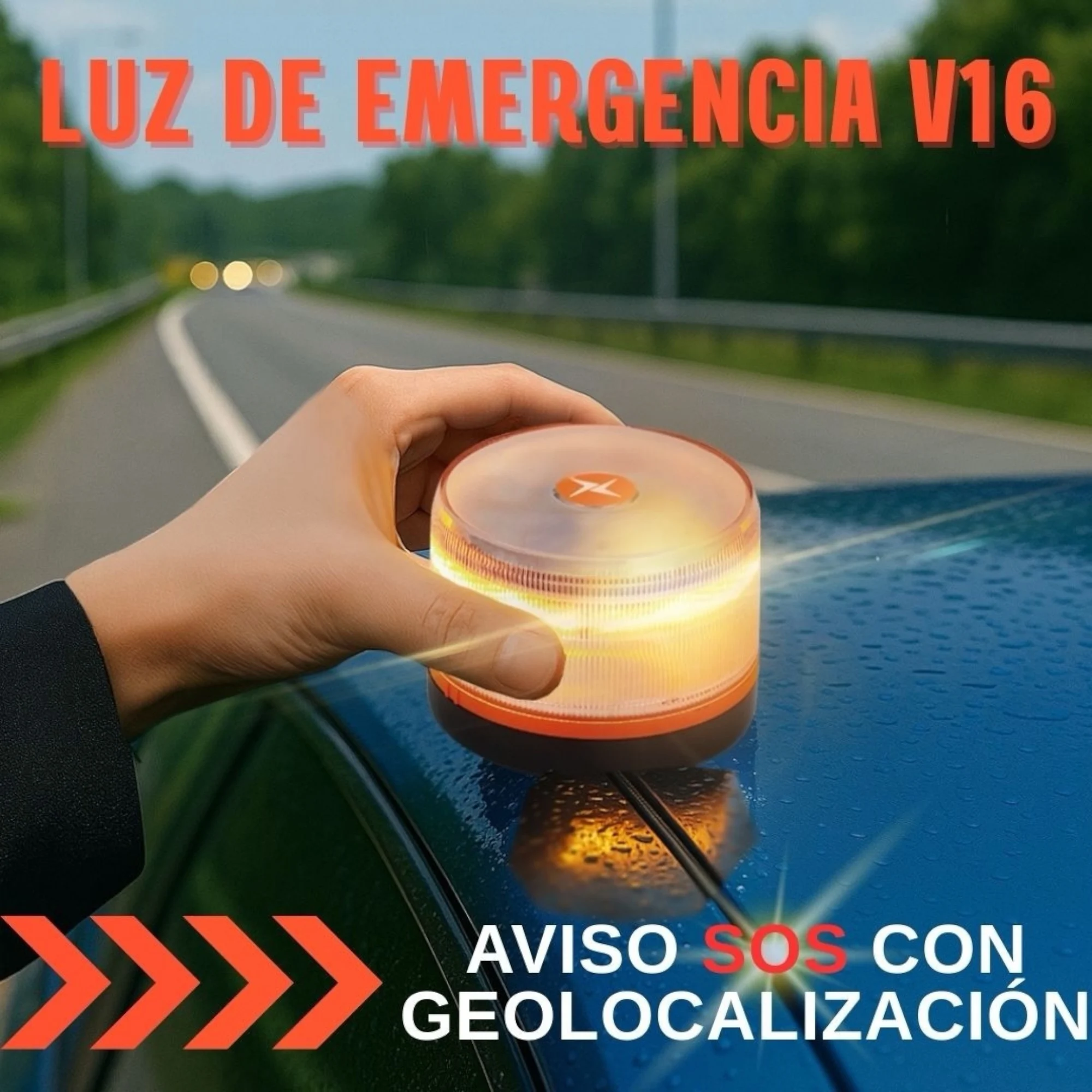 DGT Approved Emergency Light V16 with Geolocation, high-power LEDs for visibility over 1 km, includes SIM data until 2038, ready to use with