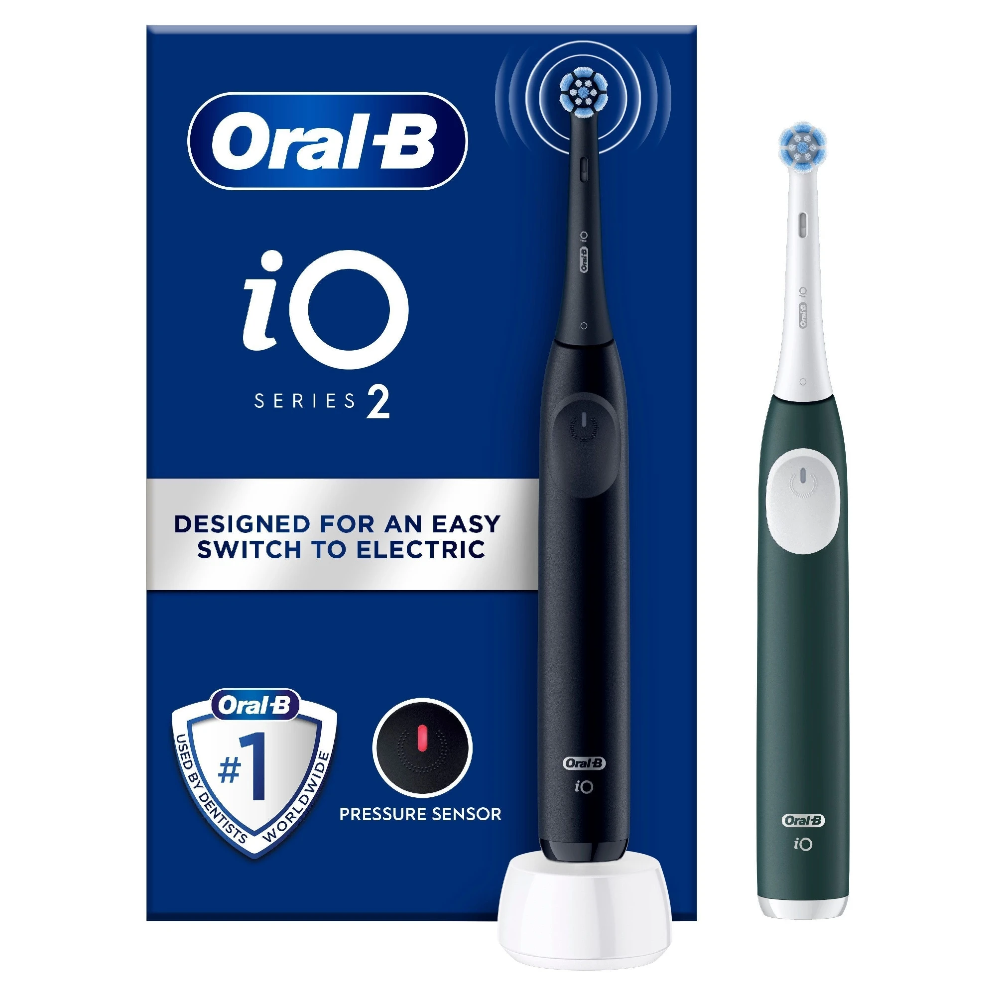 Oral-b io 2 dual. Set of 2 electric brushes with 2 heads and charger, 3 brushing modes, pressure sensor and timer, european product with official guarantee.