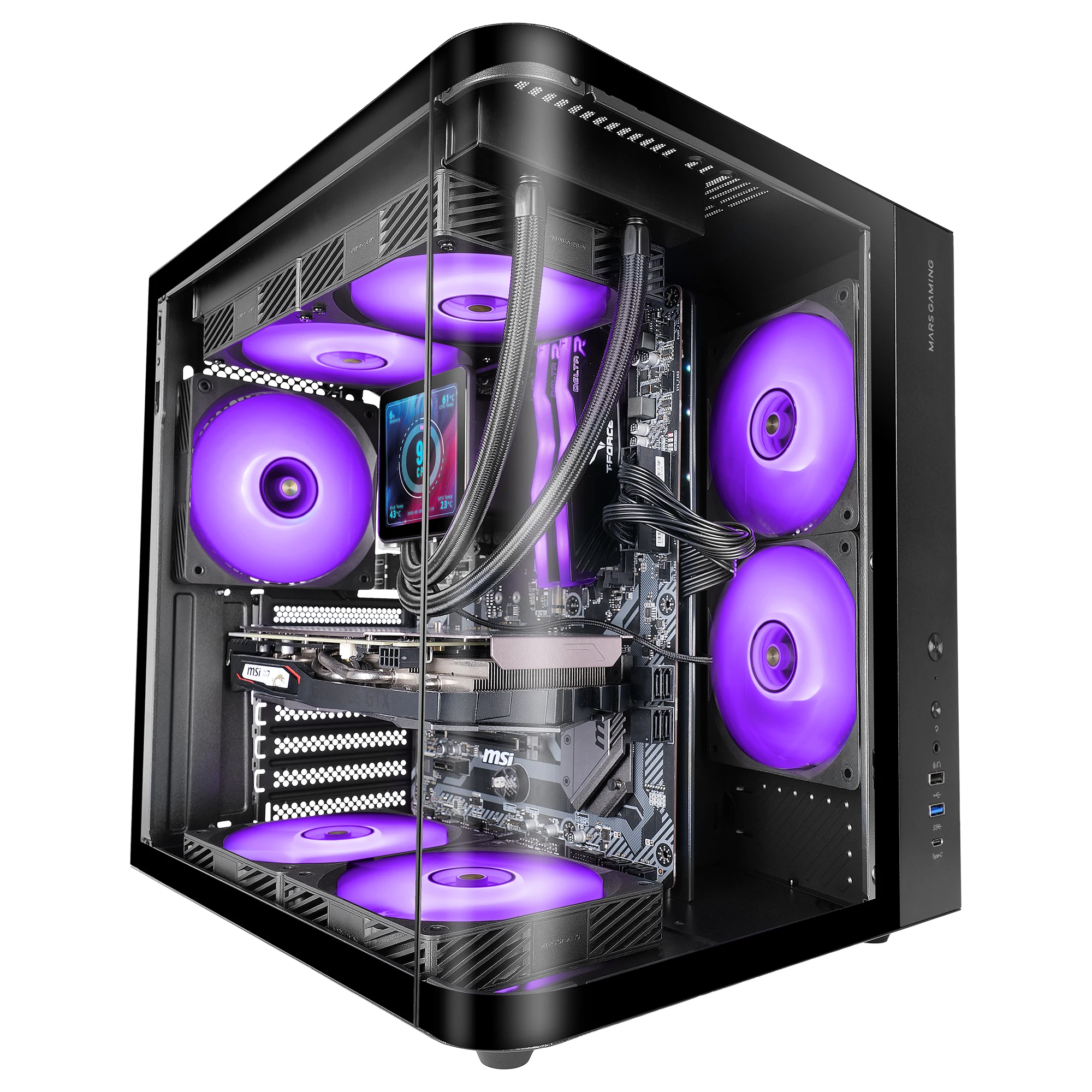 Mars Gaming MC-CURV, Caja Gaming ATX, Triple Cristal Templado Curvado Continuo Frontal y Lateral, Estructura Doble Cámara, Semitorre PC Compacta con Amplia Capacidad Interna, USB-C y USB 3.0, Caja PC