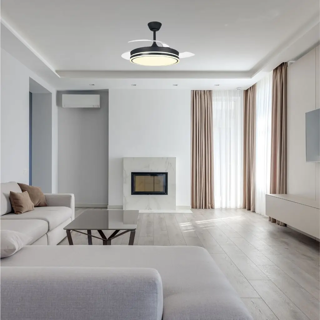 Ceiling fan with 45w led light, iris model with black retractable blades. Dc motor, cct system. Remote control with timer, adjustable light in color and intensity, memory, breeze mode and winter/summer function