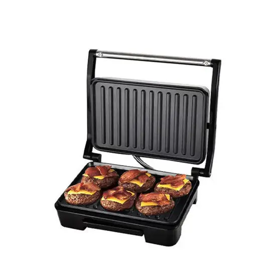 Electric grill, grill and electric iron, sandwich maker with grill plates, 850 W, stainless steel body. Sokany