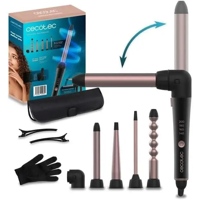 Cecotec Rizador de Pelo Multicabezal SurfCare MultiWaves, 5 Cabezales, Revestimiento cerámico, Temperatura regulable, 140 a 200º, Guante térmico, Estuche, 2 Clips, Cabezal especial 90º