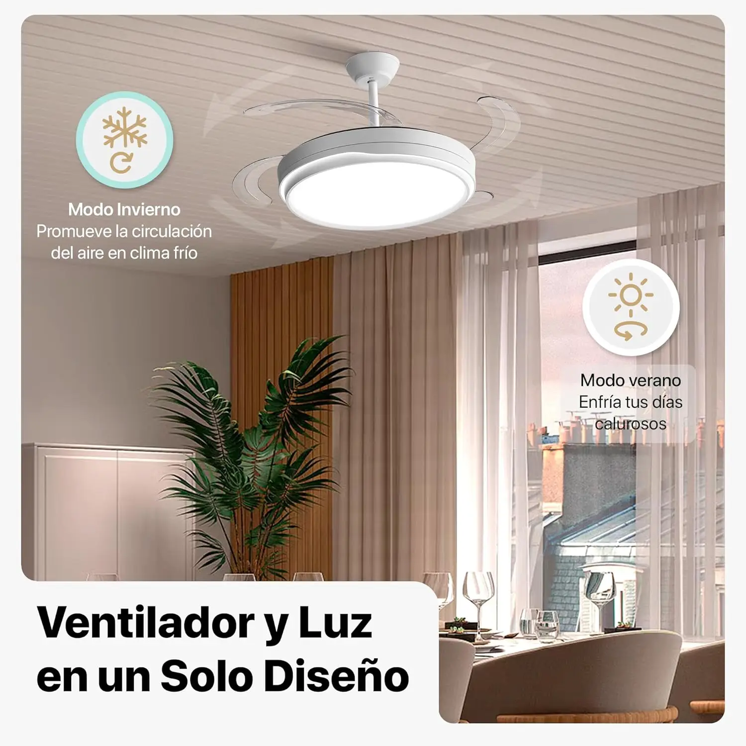 84 w lighted ceiling fan, ultra-quiet, invisible, with remote control and retractable blades, summer-winter function, integrated control, snow white energy class f ostark-leduni