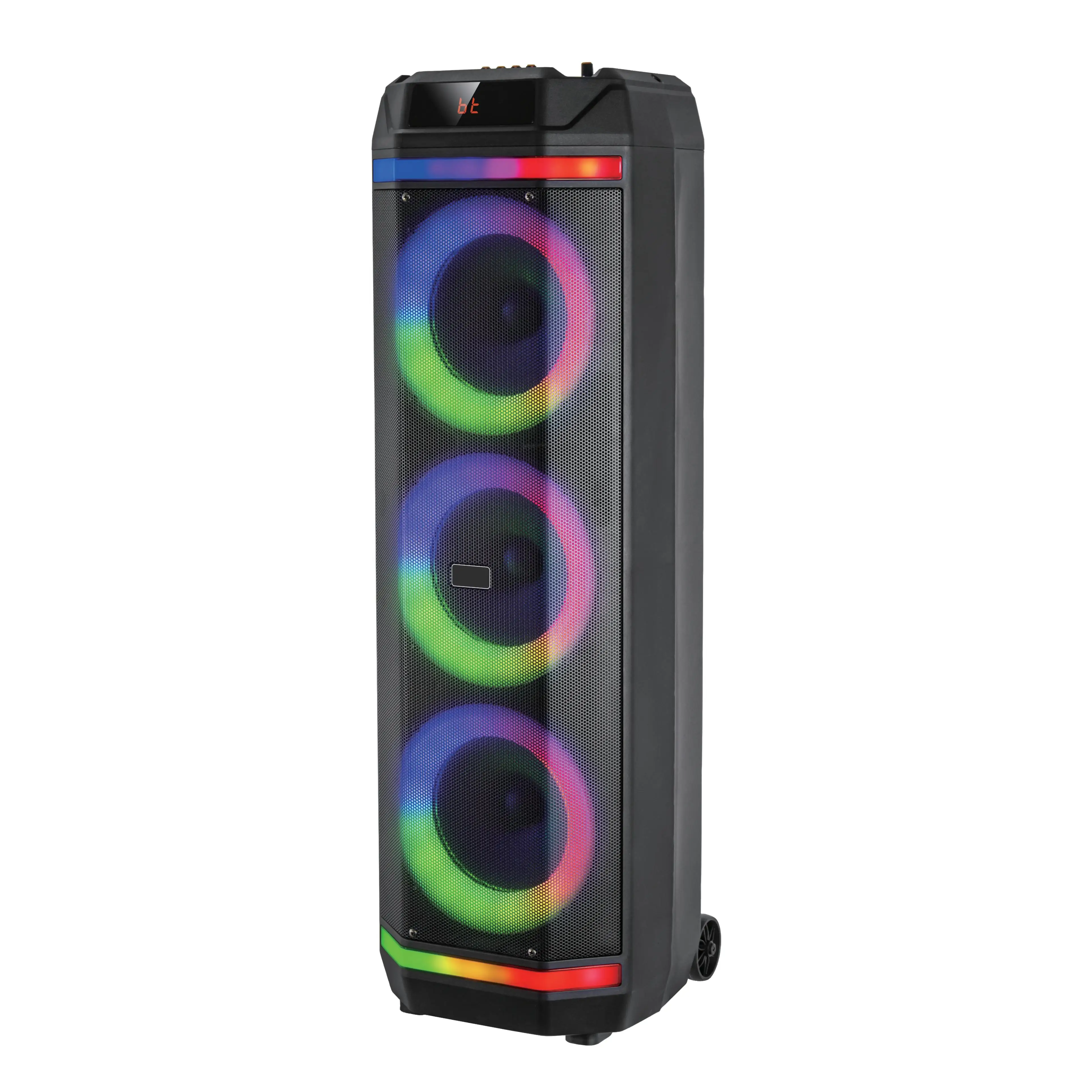Altavoz Portátil KARMA con 3 Woofers de 8" 25W RMS, Sonido Estéreo, Bluetooth 5.0, TWS, Batería Recargable, Reproductor MP3 con USB y MicroSD, Radio FM, Ruedas y Asas, Ideal para Fiestas y Eventos