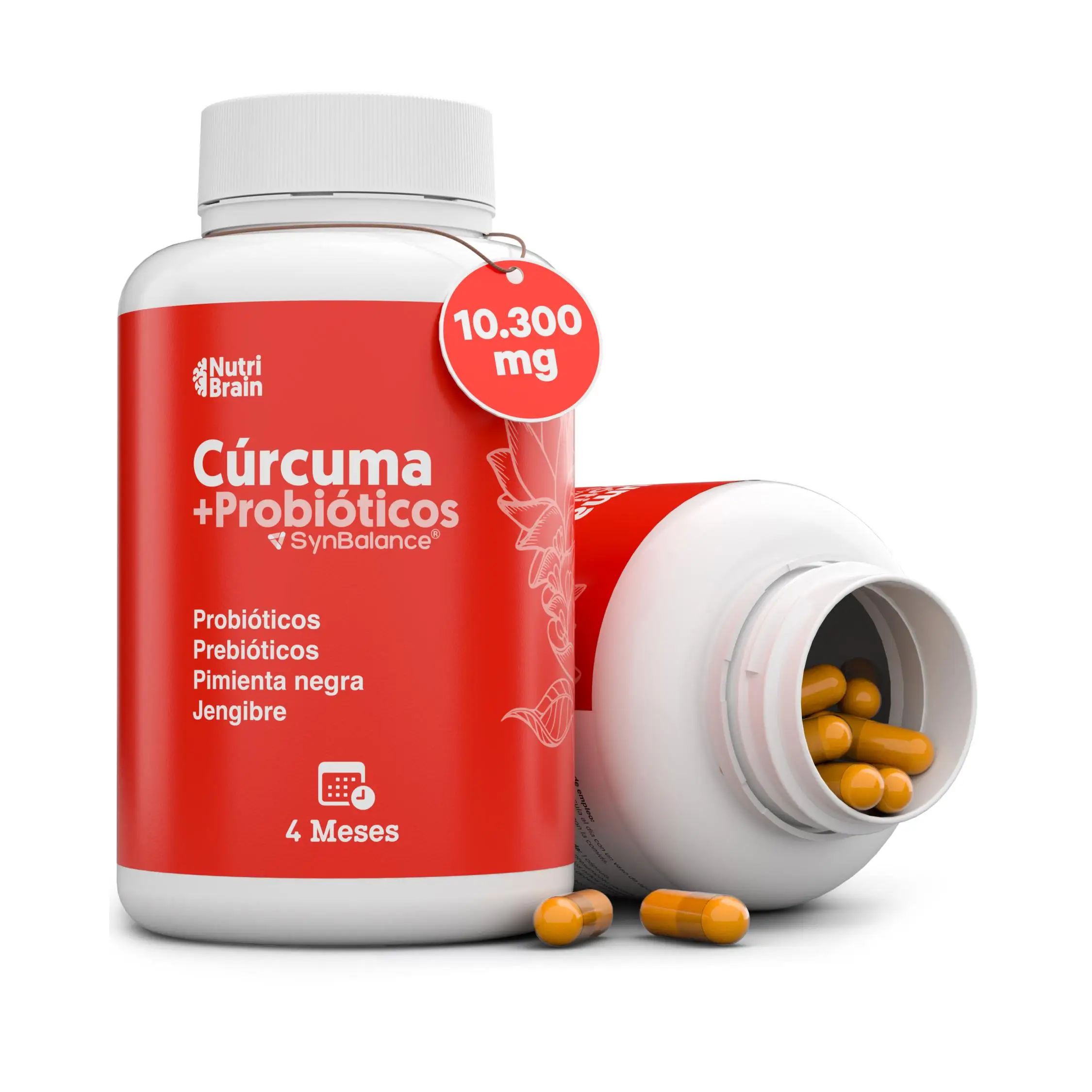 Cúrcuma con PROBIÓTICOS y PREBIÓTICOS Muy Alta Concentración (superior al 95%) 10300 mg Antiinflamatorio para Bienestar Articular, Muscular, Óseo y Digestivo 125 días Solo 1 cap/día NUTRIBRAIN