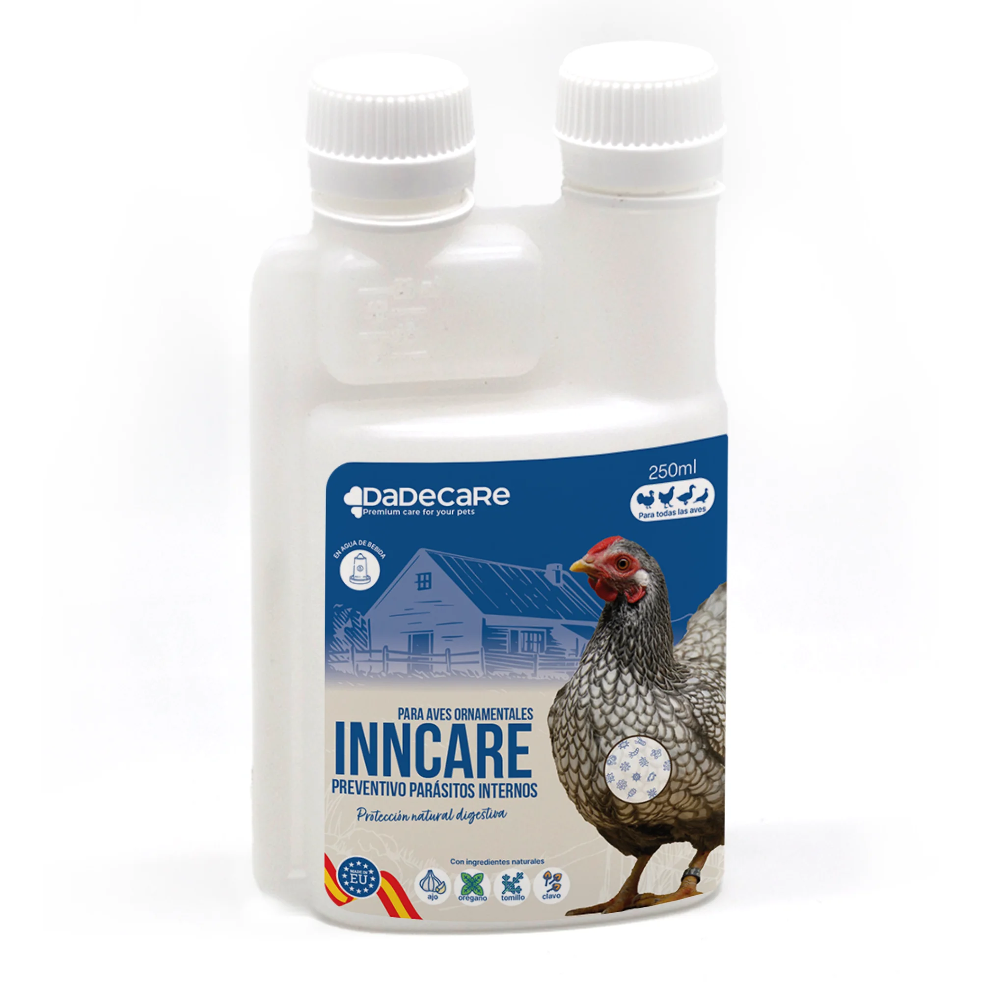 DADECARE Desparasitante Preventivo Interno Natural 250 ml – Para Gallinas, Aves de Corral y Exóticas – Ayuda a Prevenir y Tratar Trastornos Digestivos – Composición Natural – Con Extractos de Ajo y
