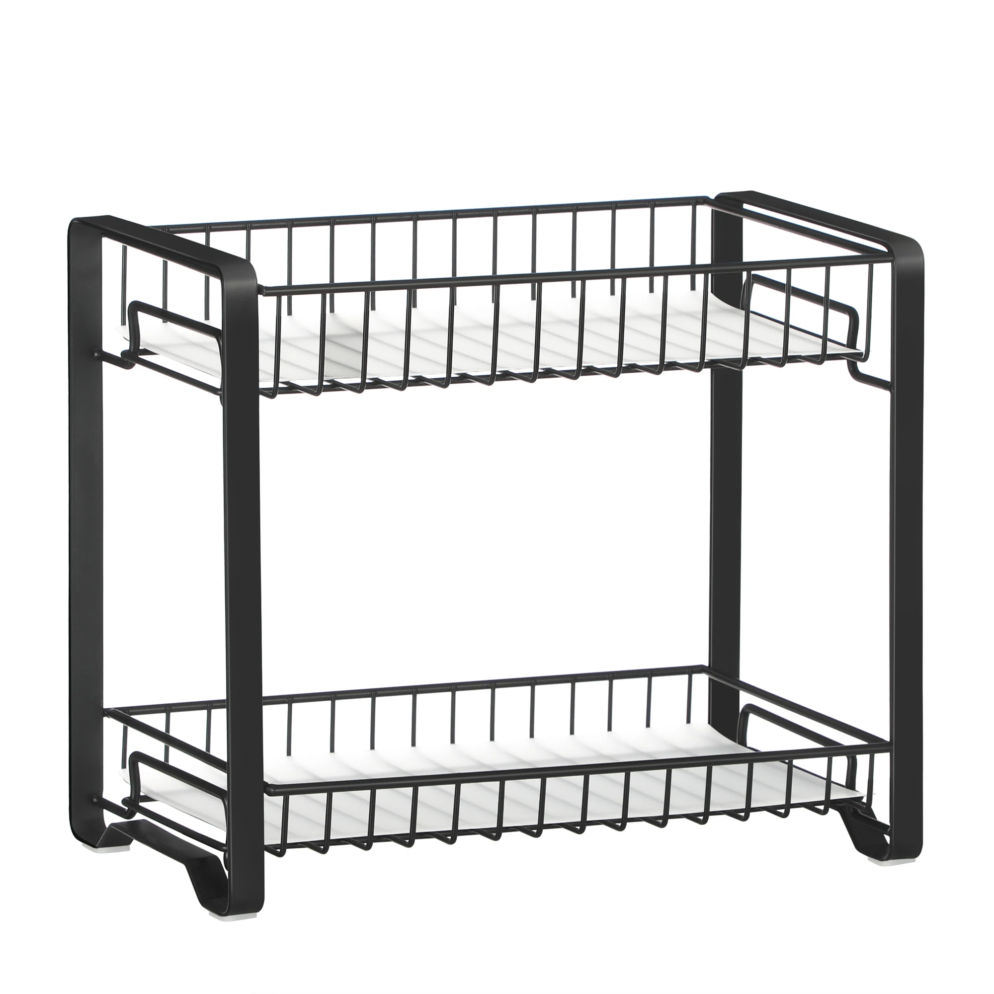 SONGMICS Estante de especias, estante de almacenamiento de cocina de metal de 2 niveles, soporte de especias con tablas de plástico, patas antideslizantes, para cocina, baño, Negro/Plata