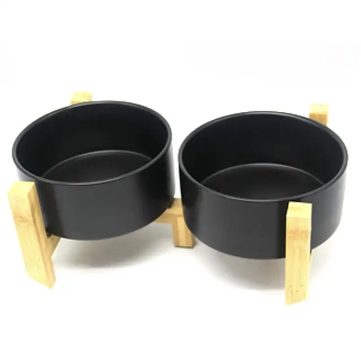 Comedero y Bebedero Elevado Para Perro - Cuenco Doble de Cerámica Con Soporte de Bambú - Platos Para Comida y Agua - Bol Para Perros Pequeños y Medianos