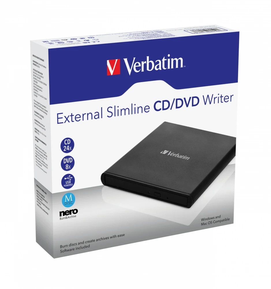 Verbatim External Slimline CD/DVD Writer - DVD ± RW Black