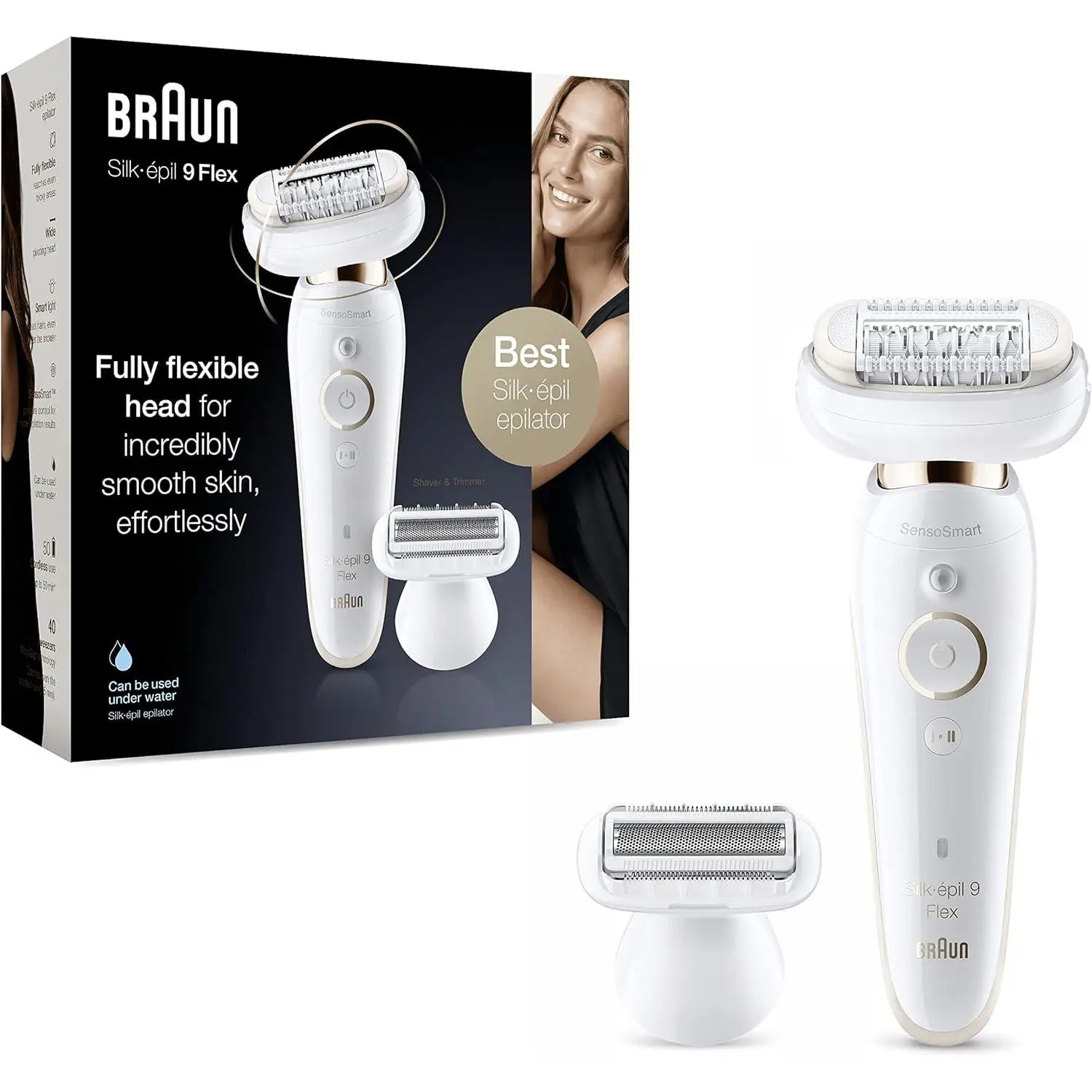 Braun Silk-épil 9 Flex Depiladora Eléctrica Mujer con Mango Antideslizante y Cabezal Flexible para una Depilación Más fácil, Control de Presión, Inalámbrico, En Seco y Mojado, Cabezal de Rasurado, Cabezal Ancho de 40 Pinzas, Funda, 9-002 Flex