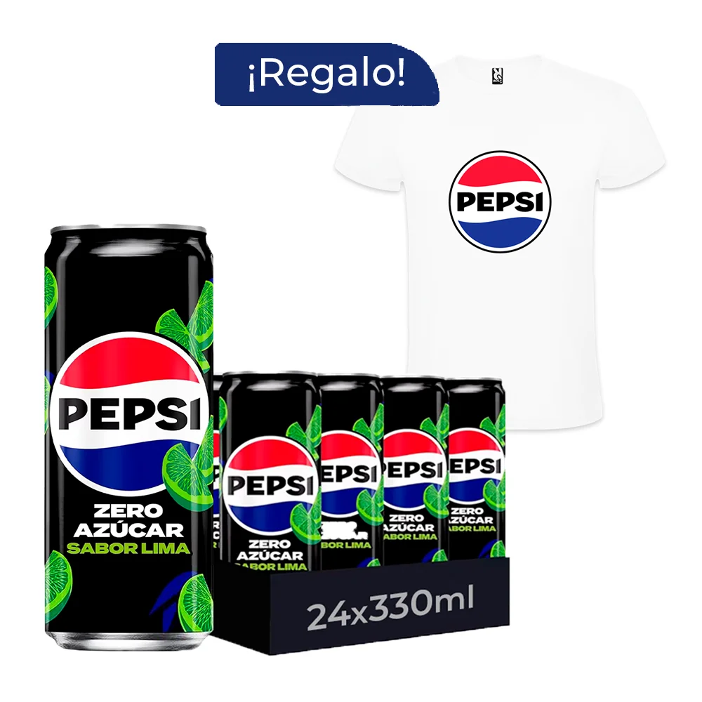 Pack Regalo Pepsi Max Zero Azúcar Lima Refresco de Cola 24 Latas x 330 ml + Camiseta, Máximo Sabor con Refrescante Toque de Lima, Bebida Gaseosa, Ideal para Compartir y Refrescarte en Cualquier Momento