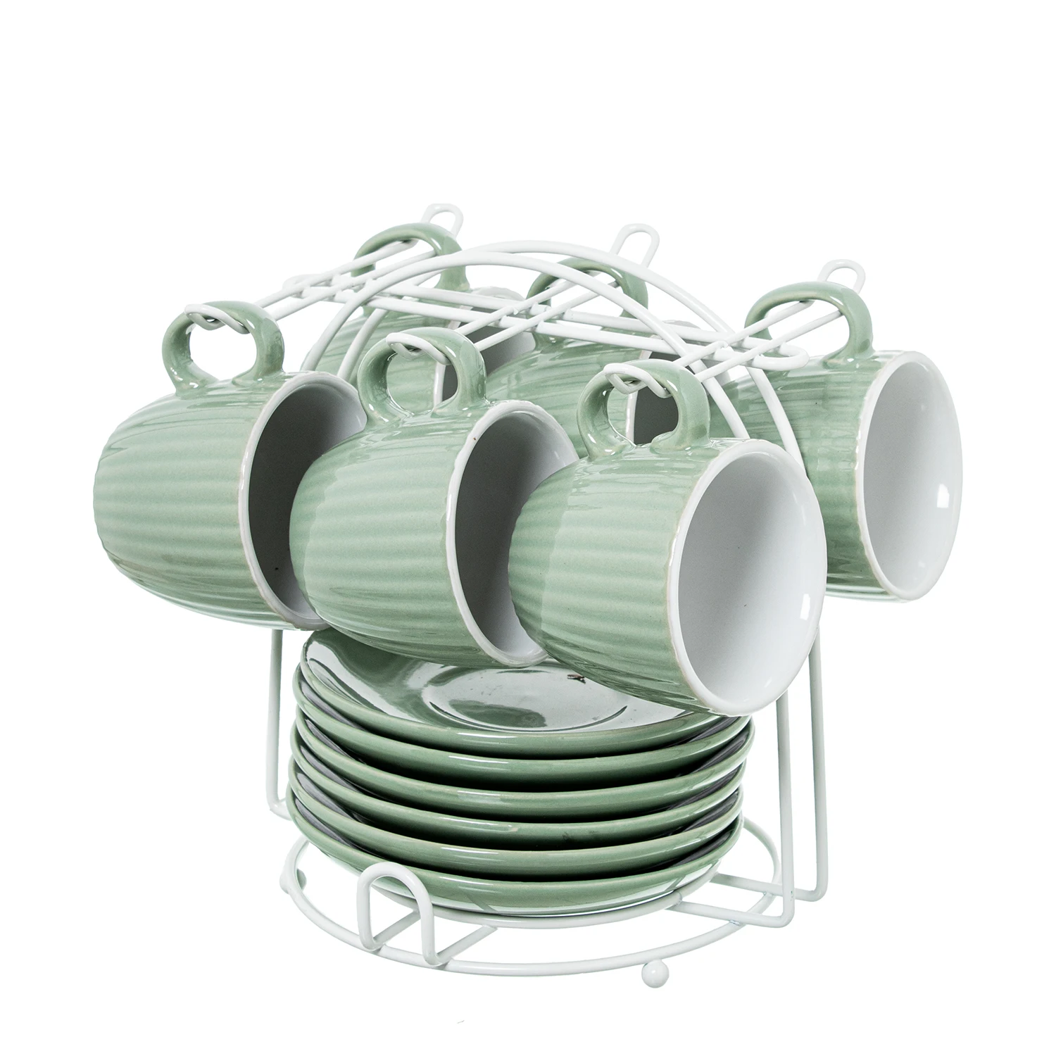 Set 6 tazas cafe con plato ceramica verde menta con soporte meta taza: 89ml 6, 5x5, 5cm plato: 12