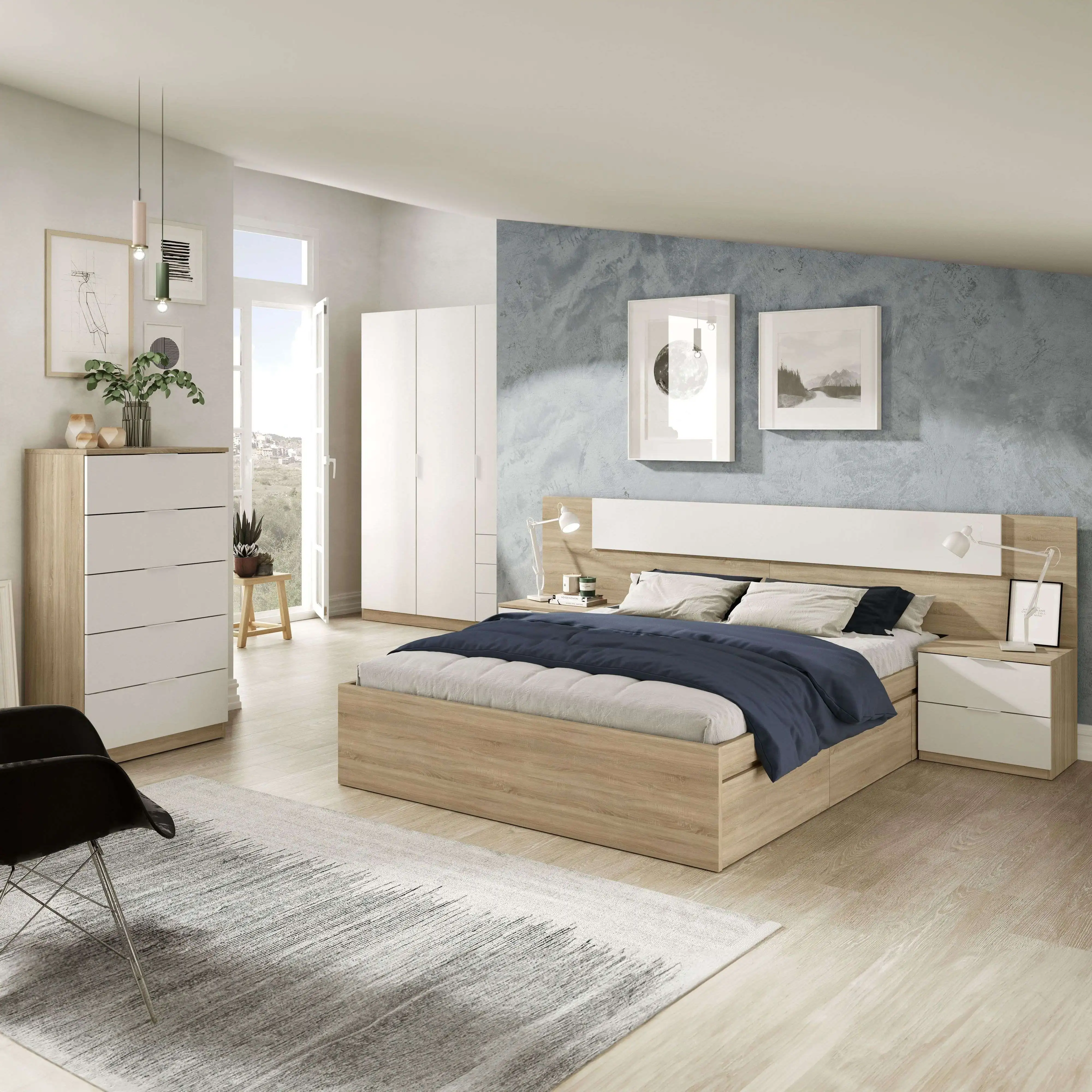 Miroytengo Pack Habitación Matrimonio Alba Ii 150x190 (cama+  cabezal + 2 Mesitas + armario + sinfonier) Incluye Somier