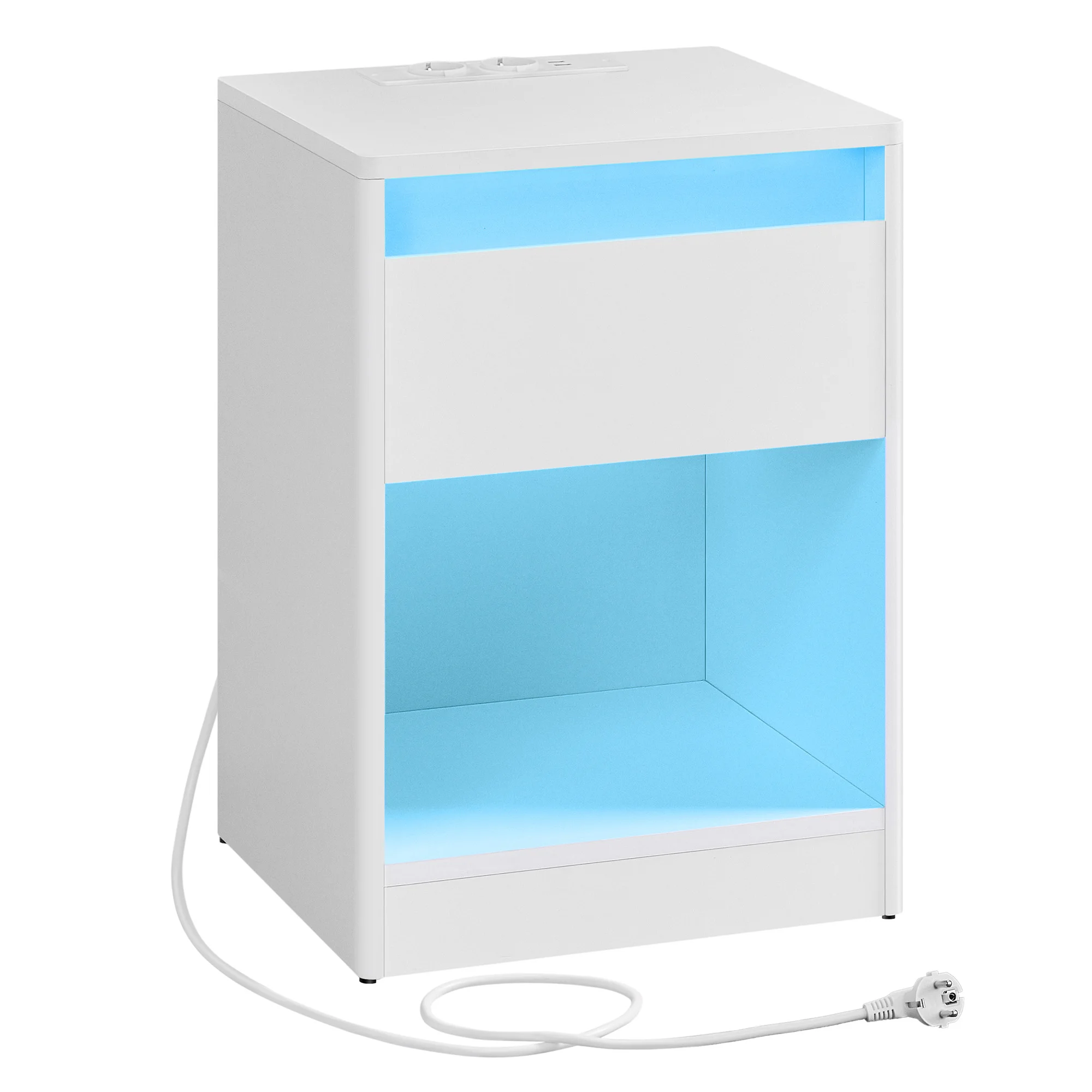 VASAGLE Mesita de Noche con Estación de Carga, Mesa Auxiliar con Luces LED Ajustables, con Cajón, 2 Tomas AC, 2 Puertos USB, Moderno, para Dormitorio, Salón, Blanco Nube/Negro Ceniza