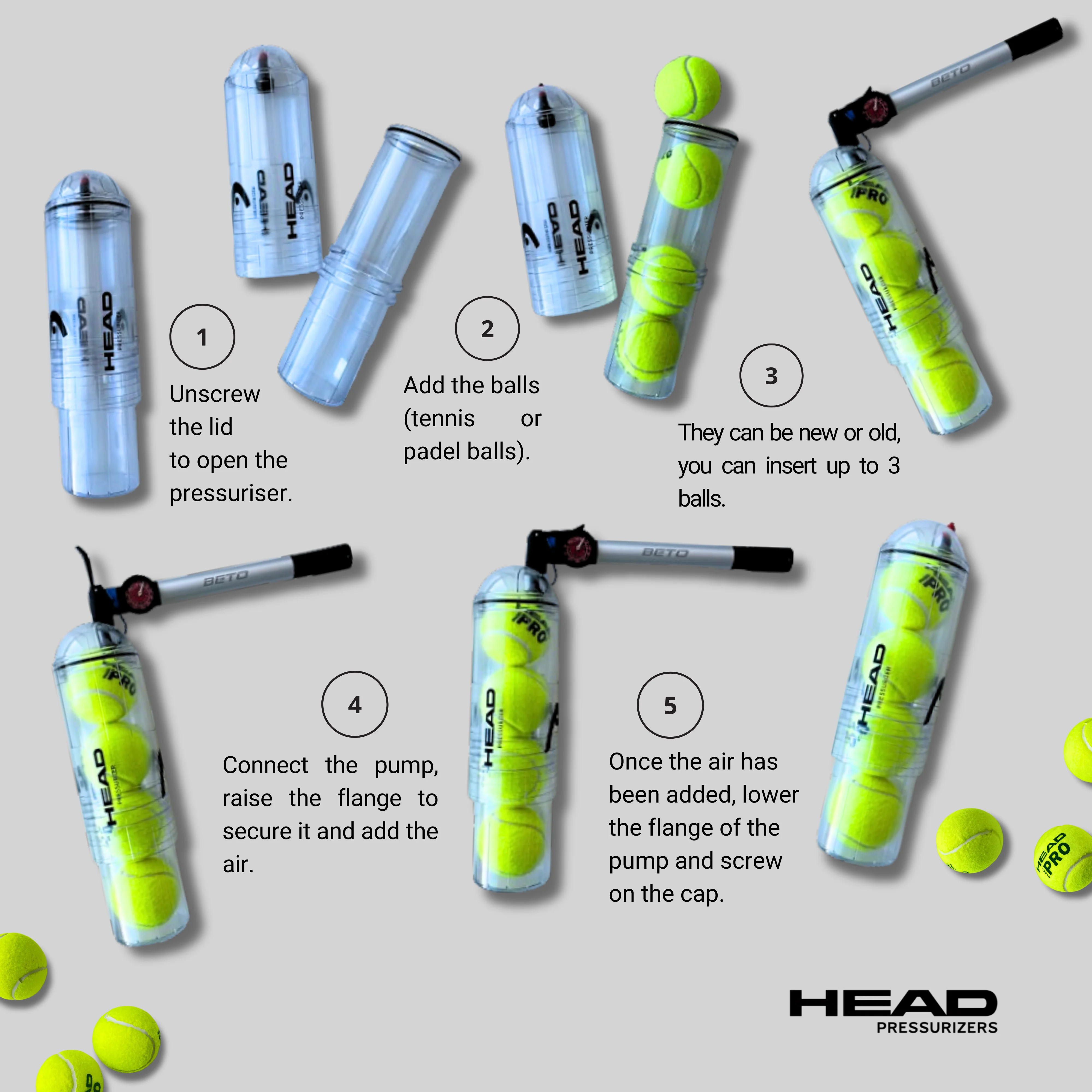 Head x4 pump tennis and padel ball pressurizer + air pump 27 cm - maintain and recover the pressure between matches, head brand