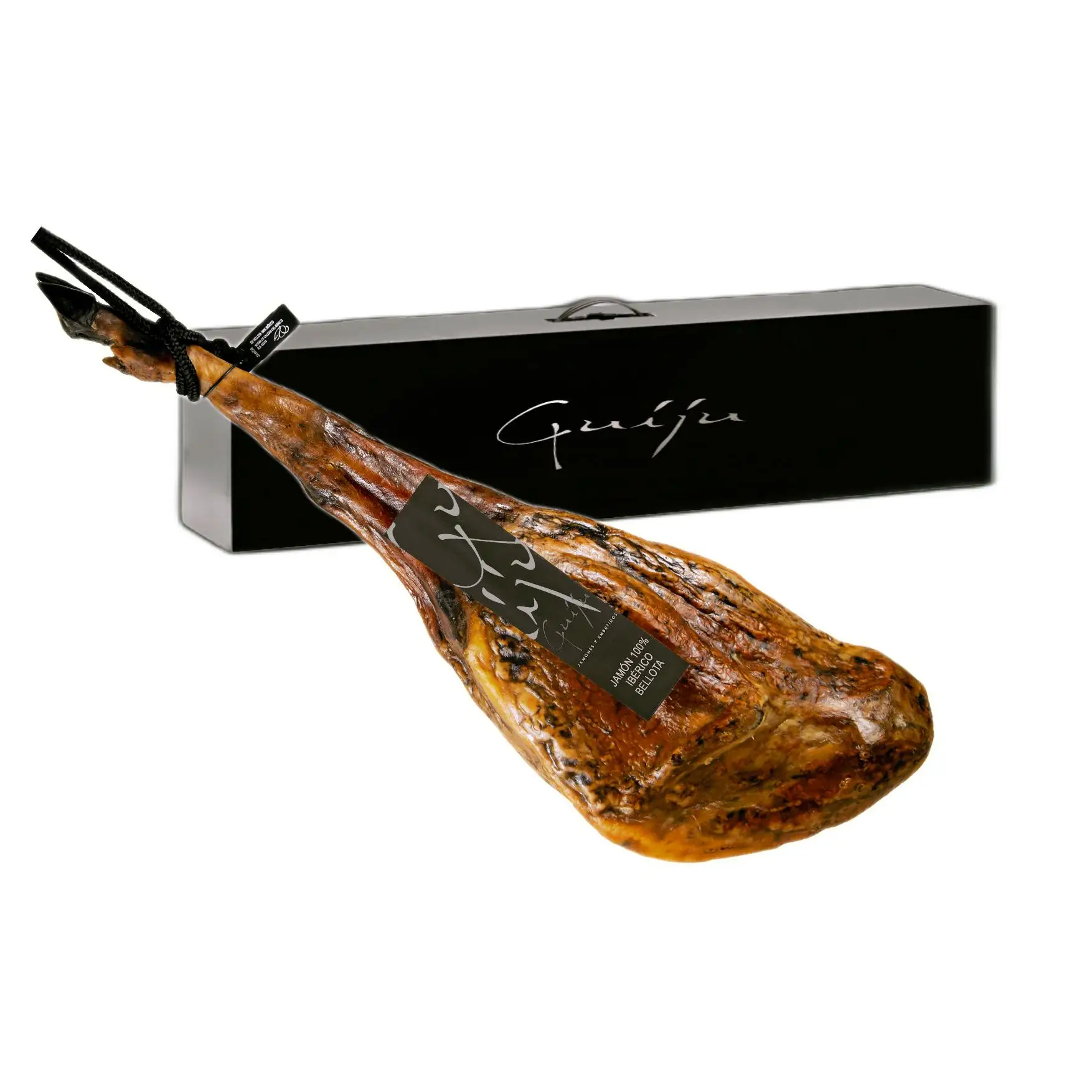 Jamón Ibérico de Bellota 100% Ibérico  Pata Negra | Aprox. 8kg | Curación tradicional Certificado brida negra por Calicer España | Marca Guiju