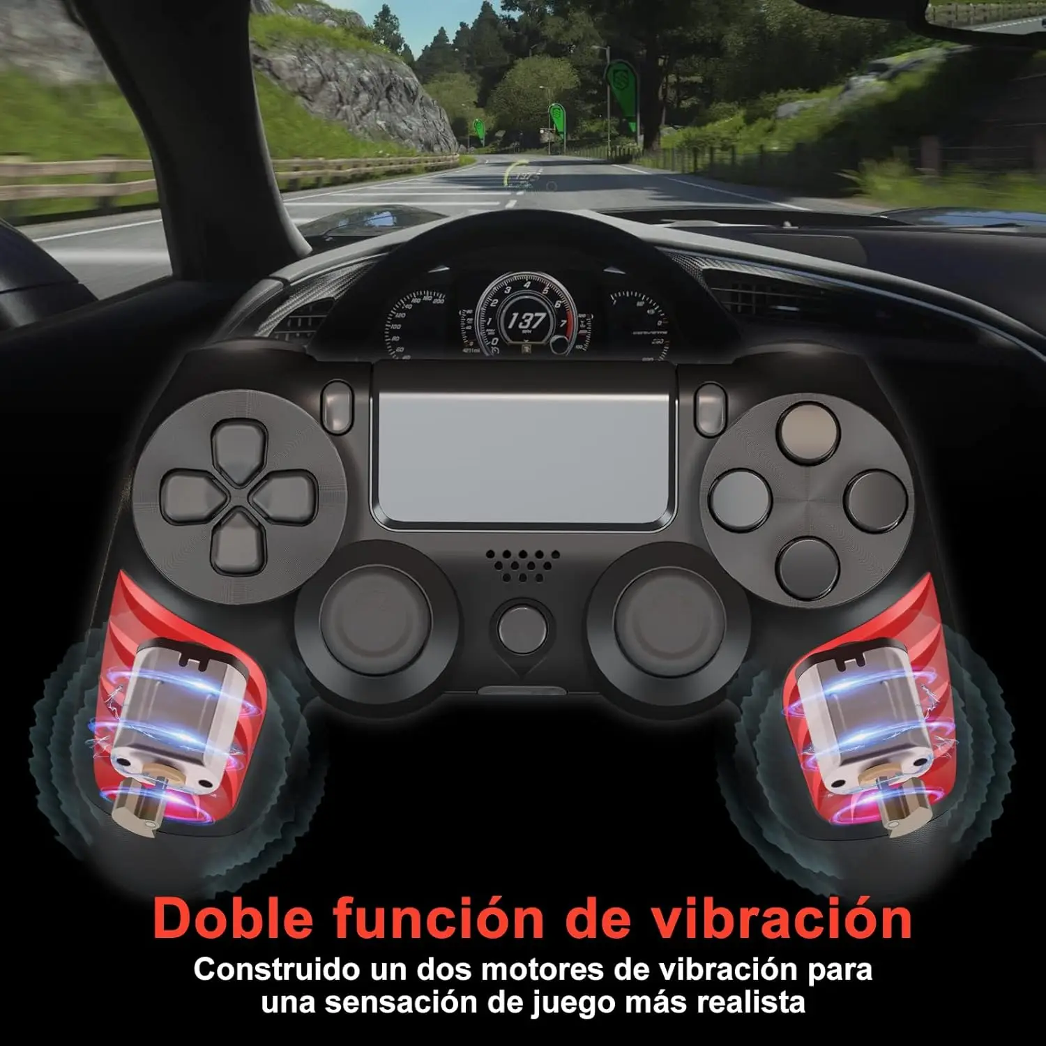 Wireless Controller for PS4, with double vibration, 6-axis motion sensor, and 1000mAh battery for up to 10 hours use; includes USB charging cable and thumb grips for enhanced gameplay experience.