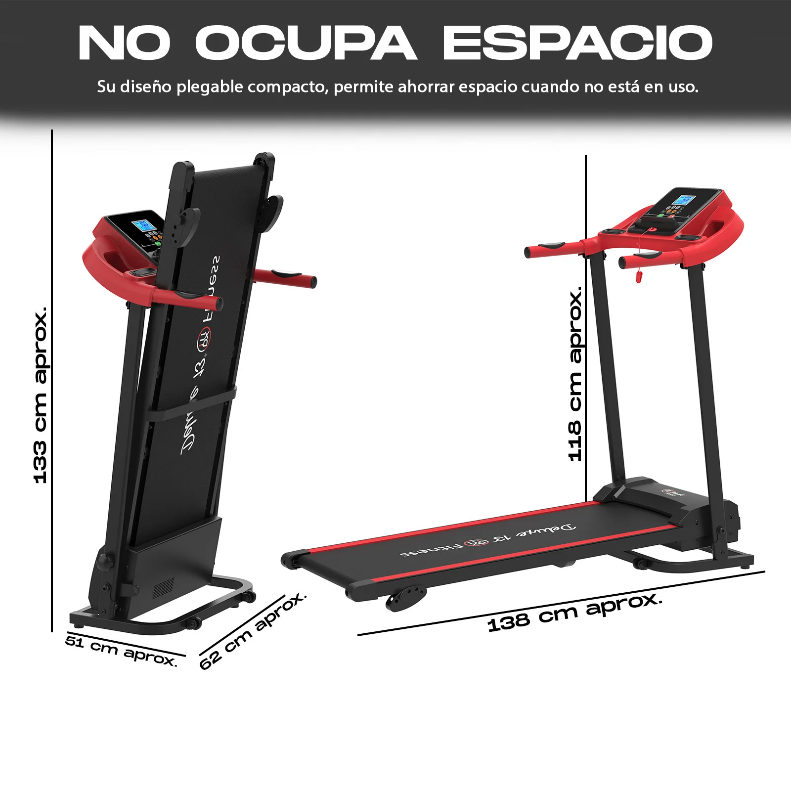 Deluxe 13-folding treadmill with electric Motor 1500W - Ideal for running jogging-hold 150 kgs-speed 1-14km