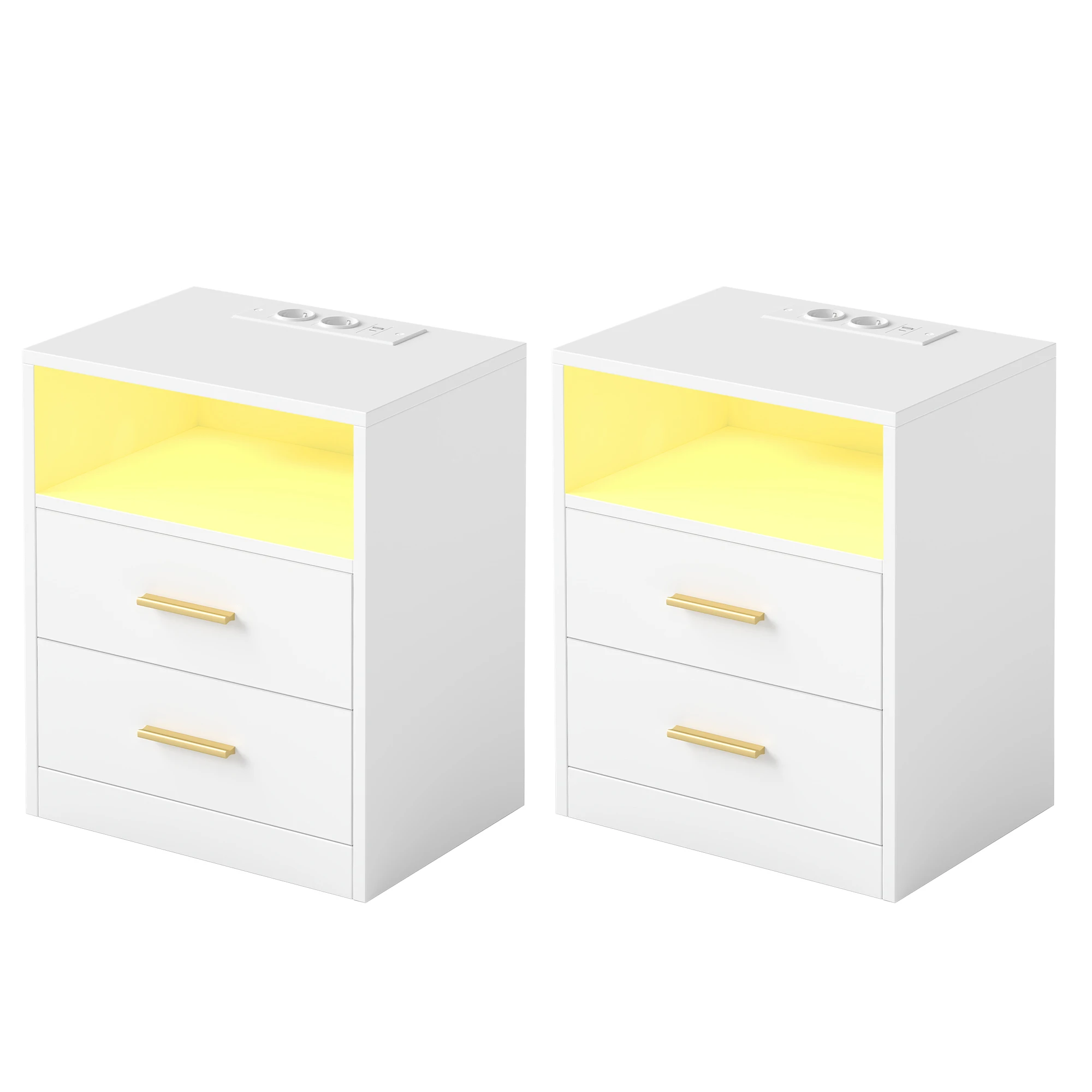 Collezione VASAGLE CUSTOS - Set di 2, Comodino con Stazione di Ricarica, Luce LED, Tavolino con Cassetti, Ripiano Aperto, 2 Prese AC e Porte USB, Bianco Nuvola/Quercia Naturale