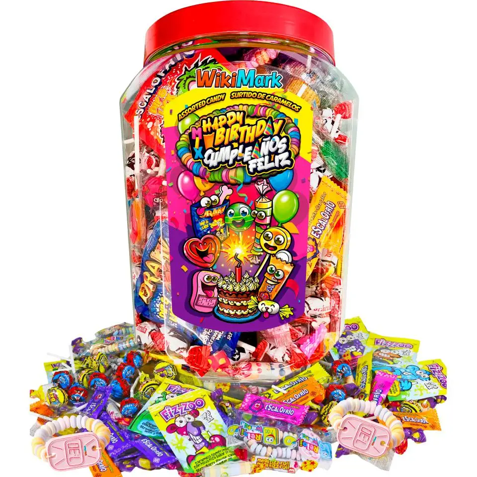 Gran Cubo con Más de 200 Chuches Sin Alérgenos WikiMark. Para Cumpleaños, Hallowen, Navidad o Piñatas. Sin Gluten y Sin Leche. Apto para Todos. + de 1,5 Kg de Caramelos y Chuches.