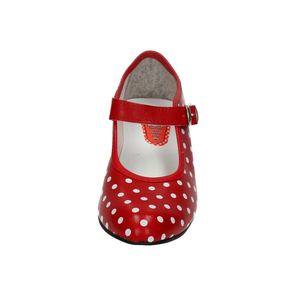 Girl's dance step brand pumps in red. Red flamenco Sevillanas with white polka dots, dance steps