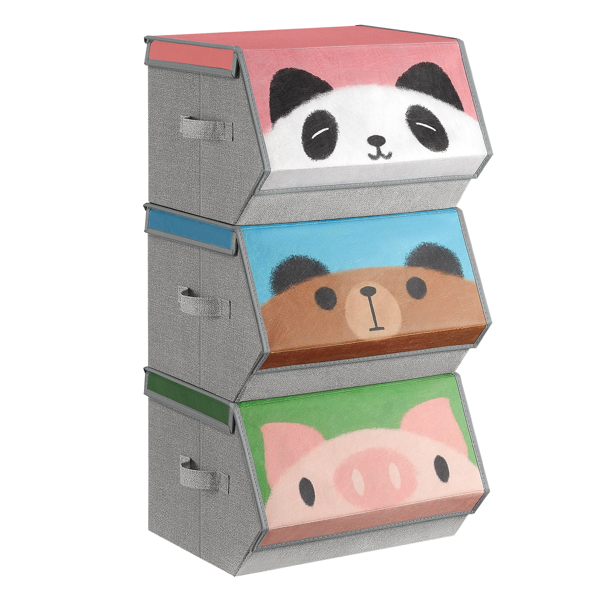 SONGMICS Caja Almacenaje Tela Infantil, Caja Organizadora Plegable, Juego de 3, Apilables con Asas, Tapa Magnética, para Habitación de Niños, Panda Oso Cerdo, Rosa, Azul, Verde y Gris