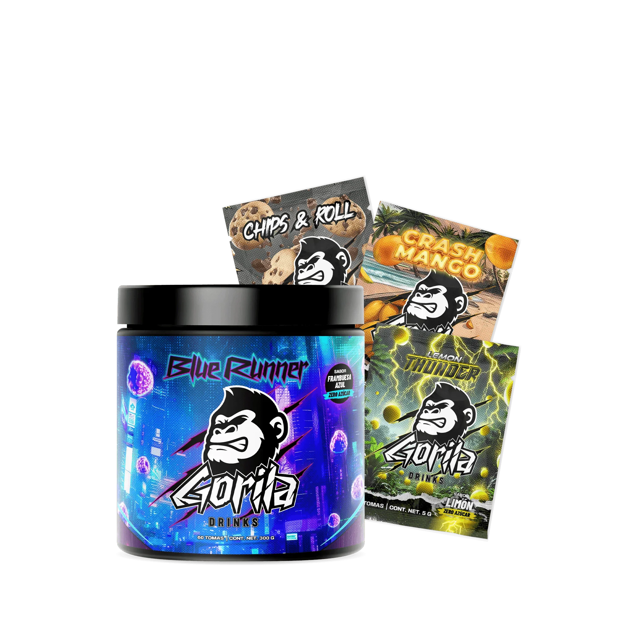 PACK GUERRERO - Pack 1 Bote de Bebida Energética en Polvo Sin Azúcar (300 gramos por bote) + 3 Sobre Monodosis (Toma de 5 gramos). Sabores a Elegir - GORILA DRINKS®