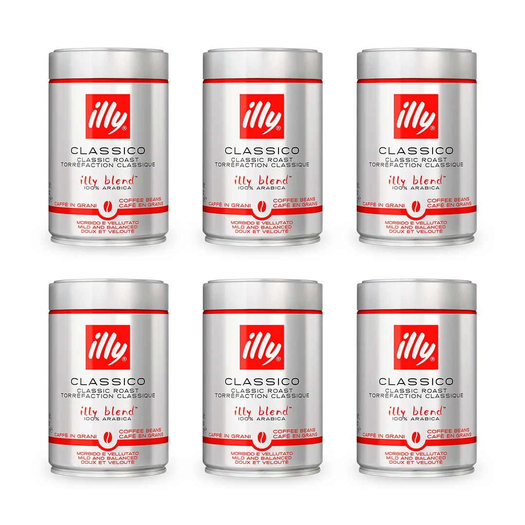 Illy roasted classico coffee beans 100% arabica, notes of caramel and flowers, pack 6 units - qumir