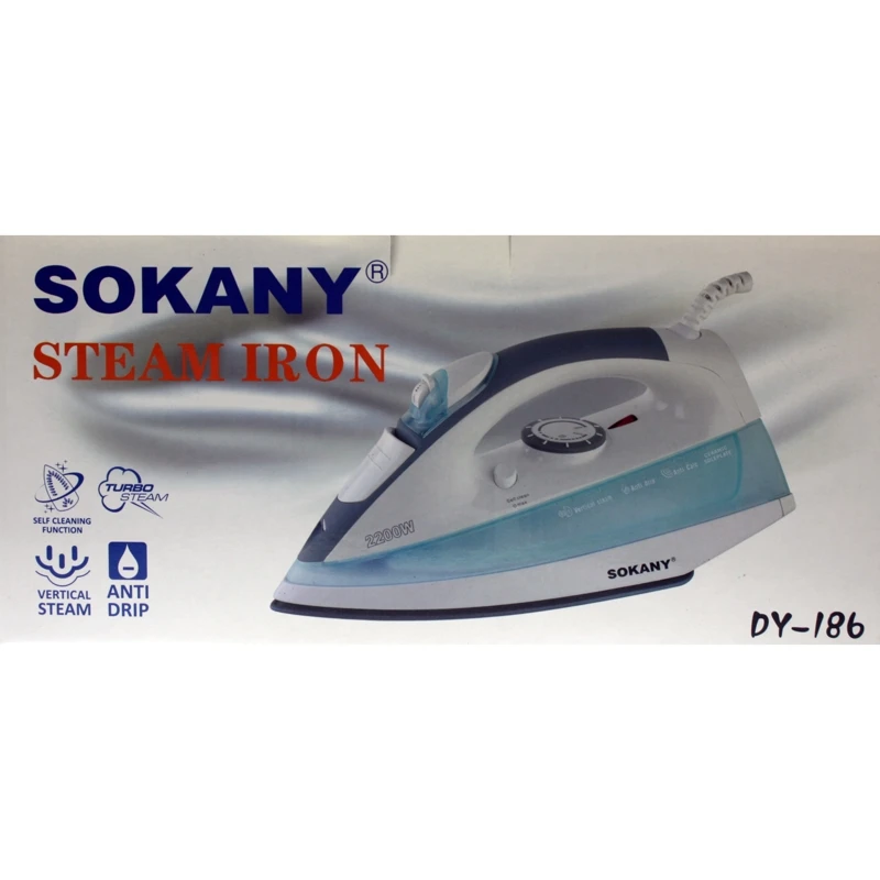 Sokany DY-186 Steam Iron 2200W with Ceramic Soleplate, featuring adjustable steam, self-cleaning function, and anti-drip protection for efficient dry or steam ironing. Perfect for all your garment care needs.