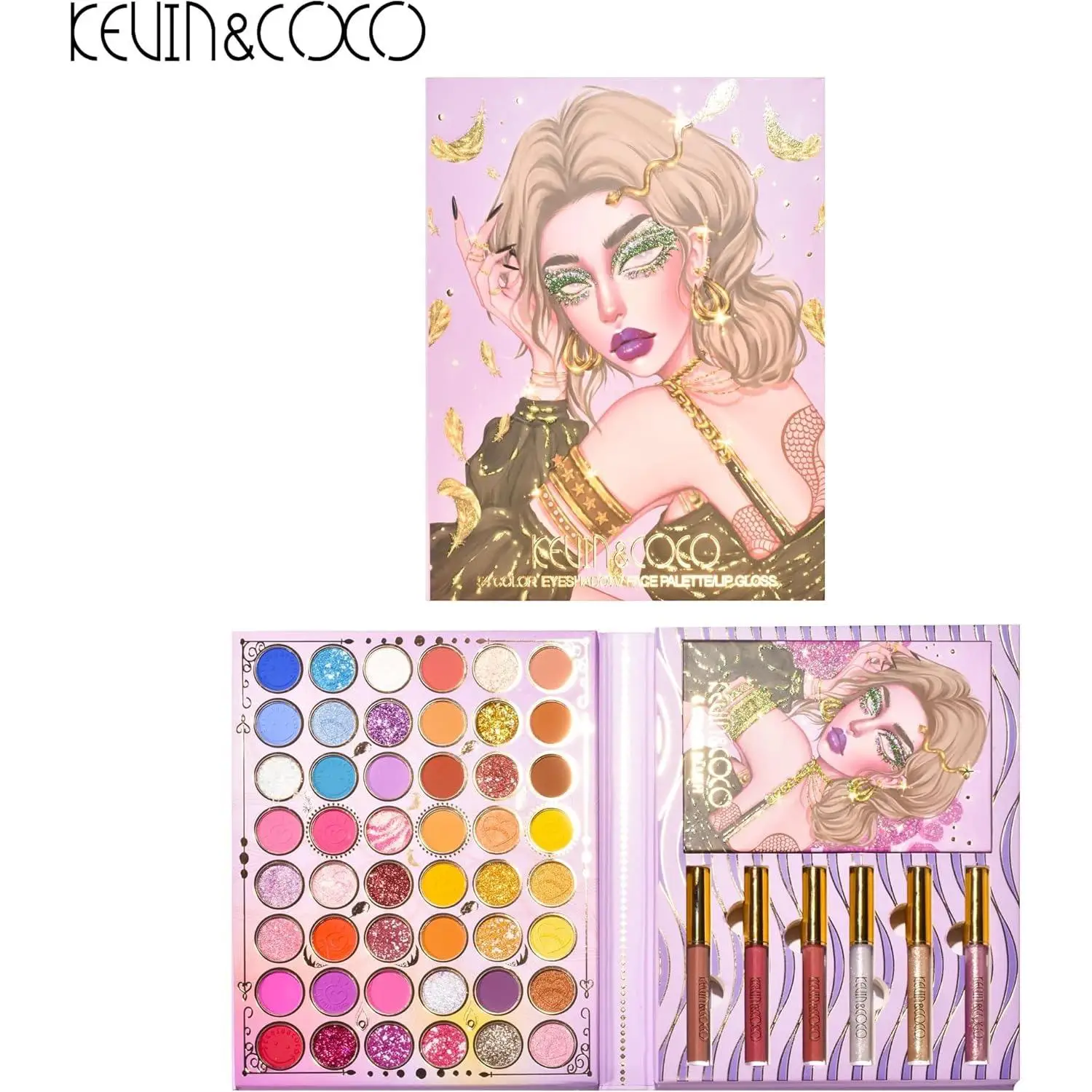 Paleta de Sombra de Ojos KEVIN & COCO, Coloretes y Brillos Labiales. 54 Colores Makeup Set Maquillaje Profesional