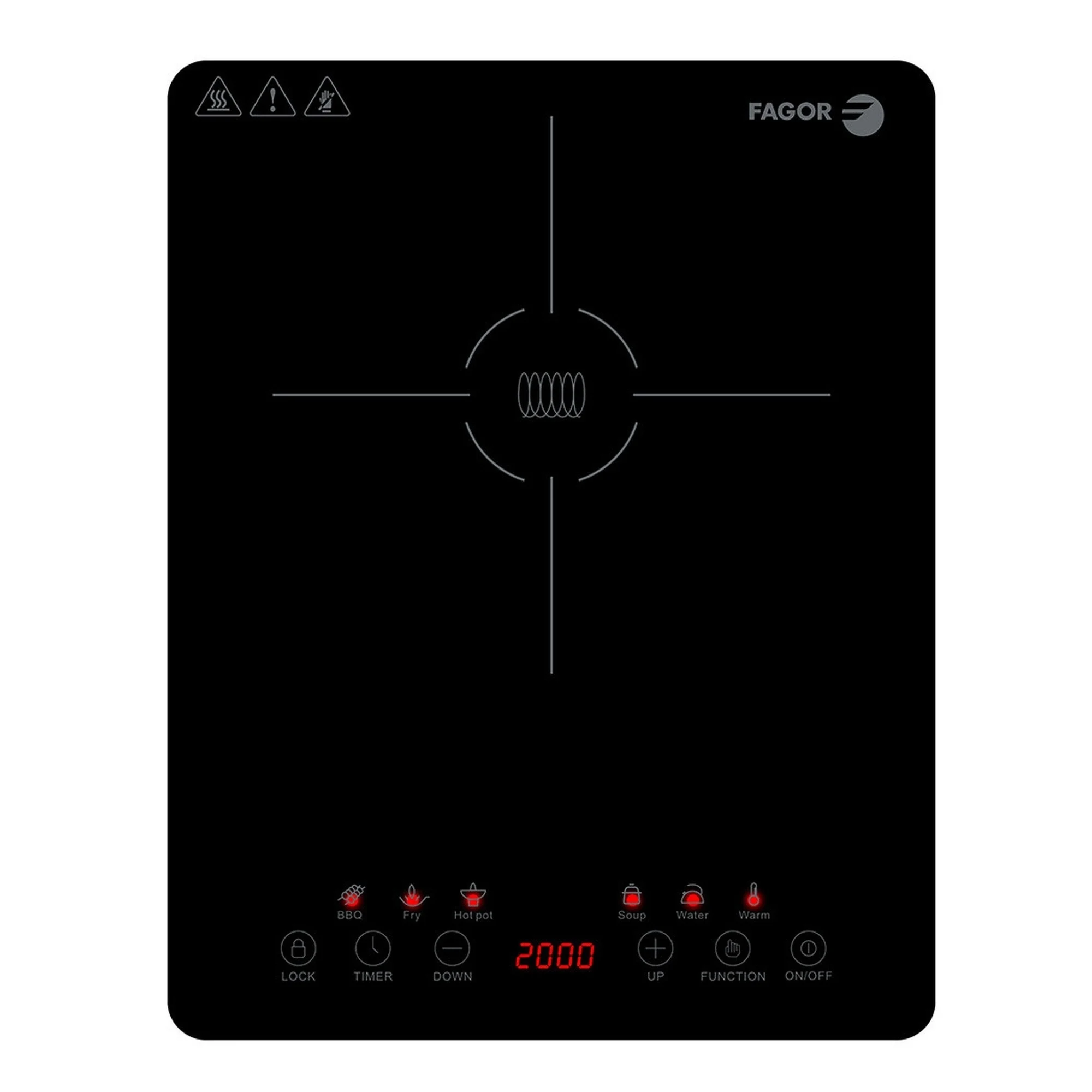 FAGOR-portable induction plate LEXIE. 2000W power and ultraslim design. Touch screen and 6 functions. 9 levels of heating.