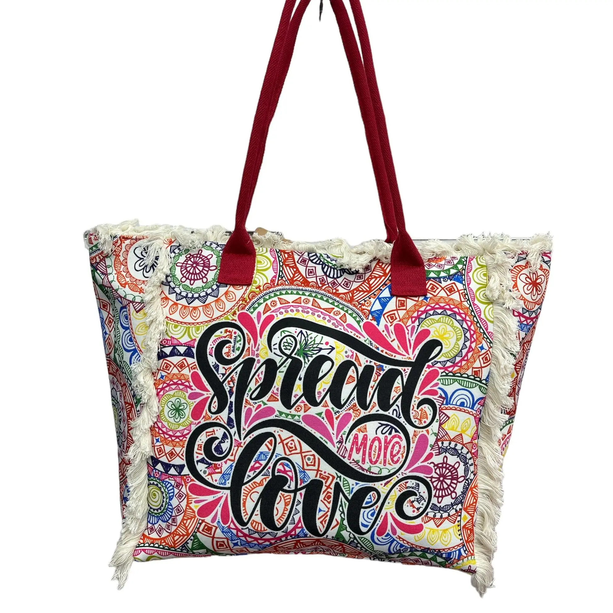 MEJORADA Bolso de playa o piscina grande con estampados de frase{SPREAD MORE LOVE}con fleco de borla blanco de algodon,tamaño 55*37*19CM.contiene bolsillos interior y forros.tejido 100% poliéster