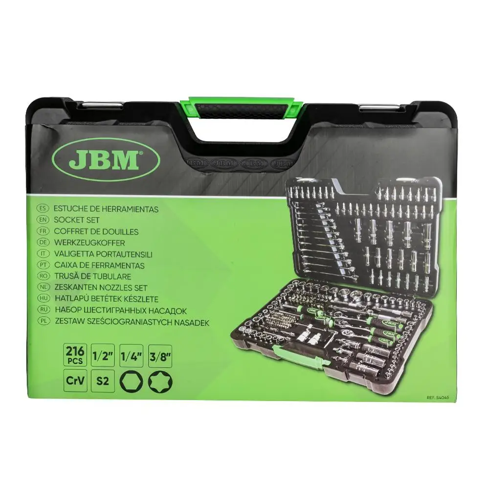 216 PIECE TOOLS/WITH CHROME HEXAGONAL VASES JBM 54045. Includes: 3/8 "Tools, 1/4" Tools, 1/2 "Tools