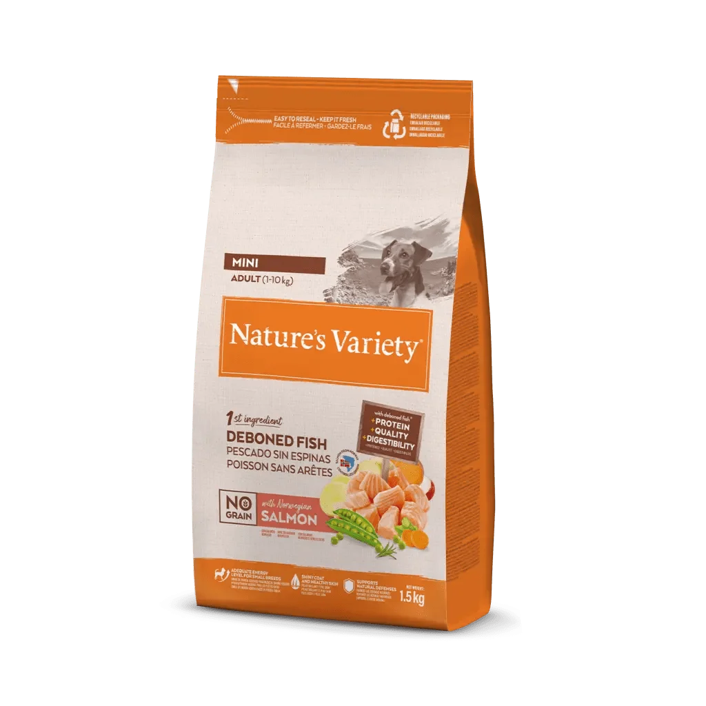 Nature’s Variety Selected No Grain Adult Mini con salmón noruego – pienso sin cereales para perros adultos de razas pequeñas - 1,5 KG