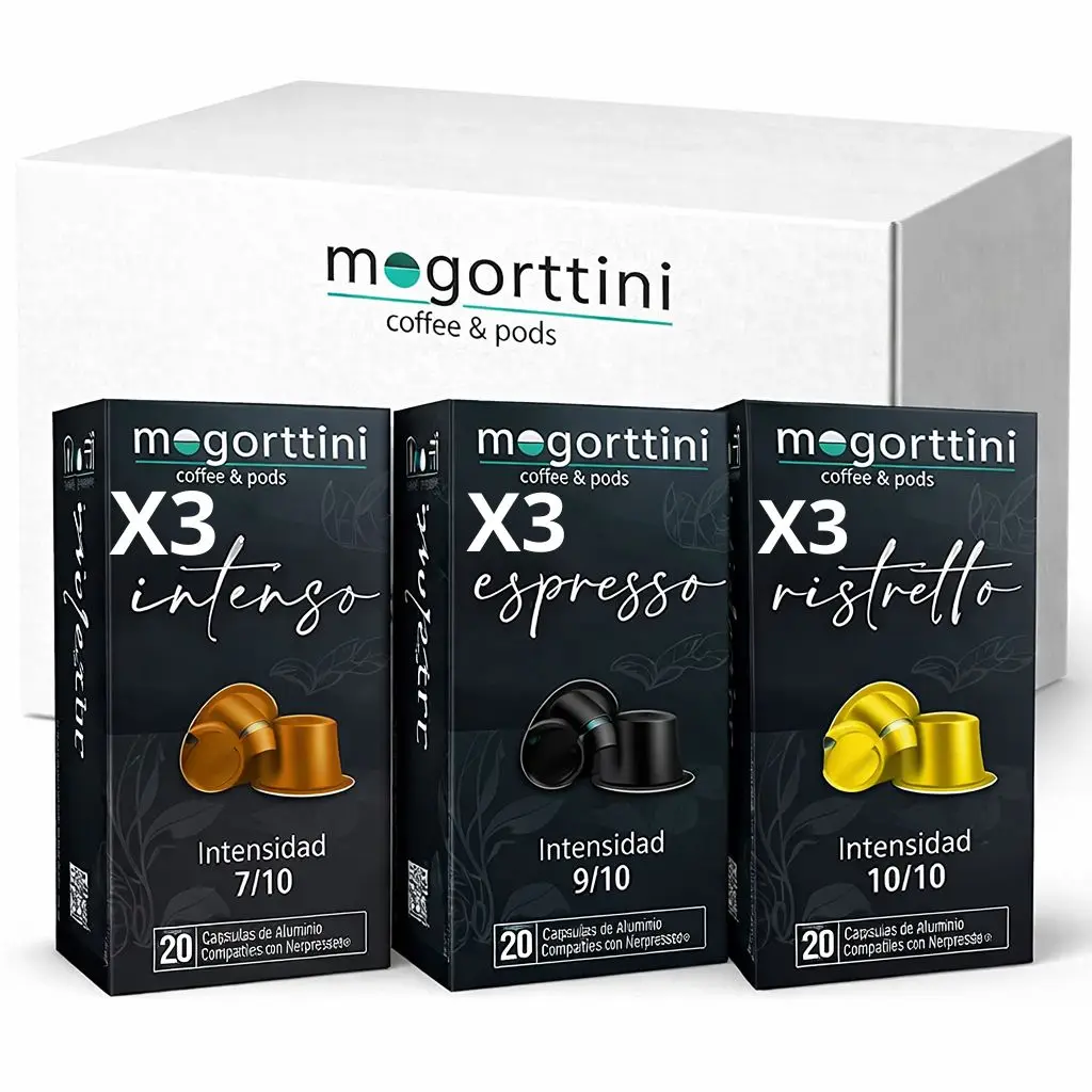 Mogorttini - Pack 180 Cápsulas - 60 x Café Intenso, 60 xEspresso y 60 x Ristretto  - Variedad Ideal para Disfrutar Diferentes Intensidades de Café Cada Día en Casa u Oficina