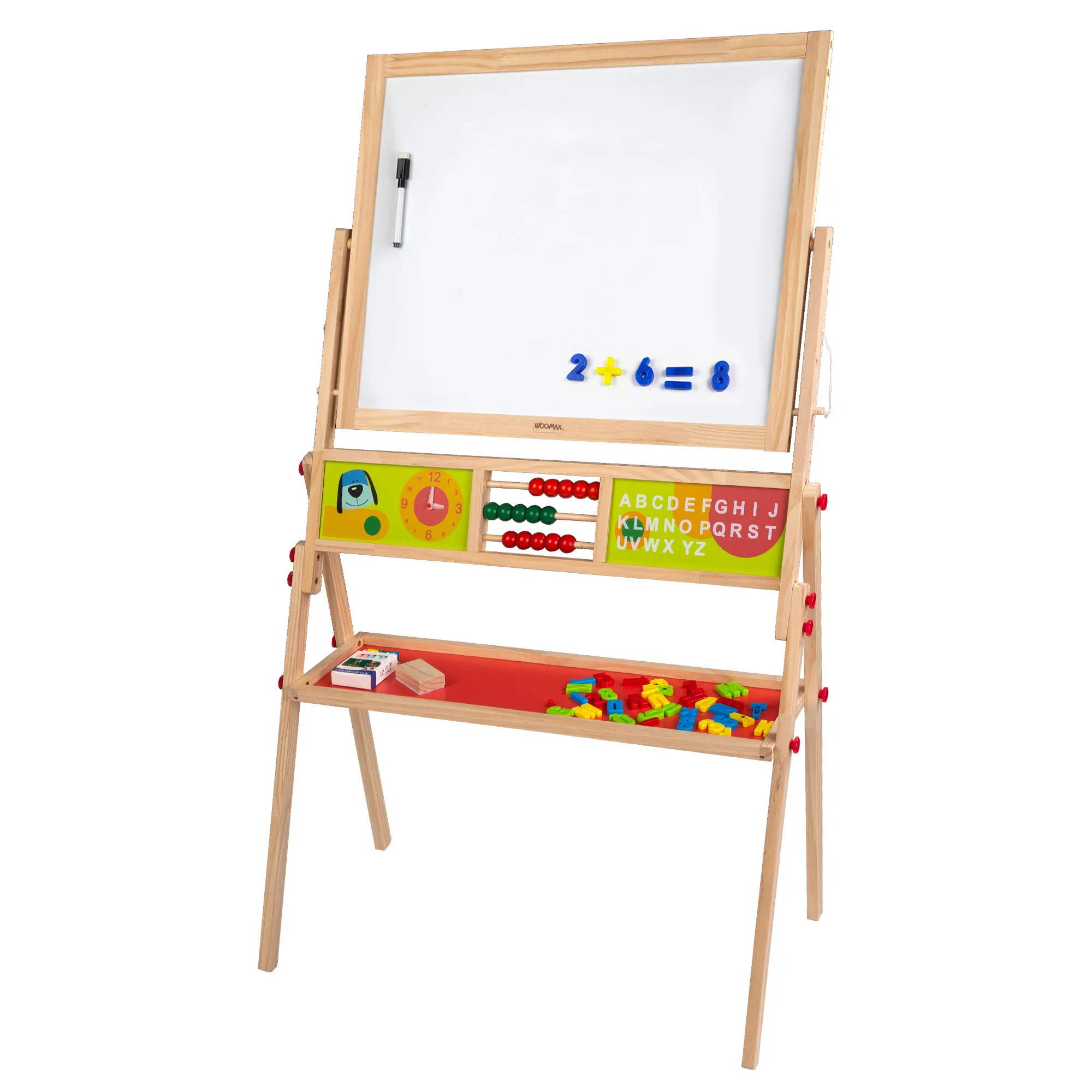 WOOMAX - Pizarra de madera con caballete, 2 en 1, tiza y rotulador, para niños, de pie, incluye 45 piezas de imanes, números y letras, borrador, mayor