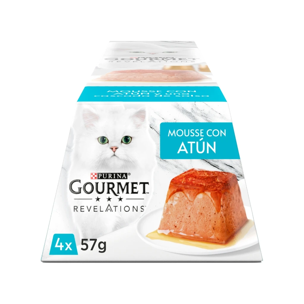 GOURMET Revelations Mousse con Atún (4x57gr) - Comida Húmeda en Pirámide con Salsa para Gatos Adultos