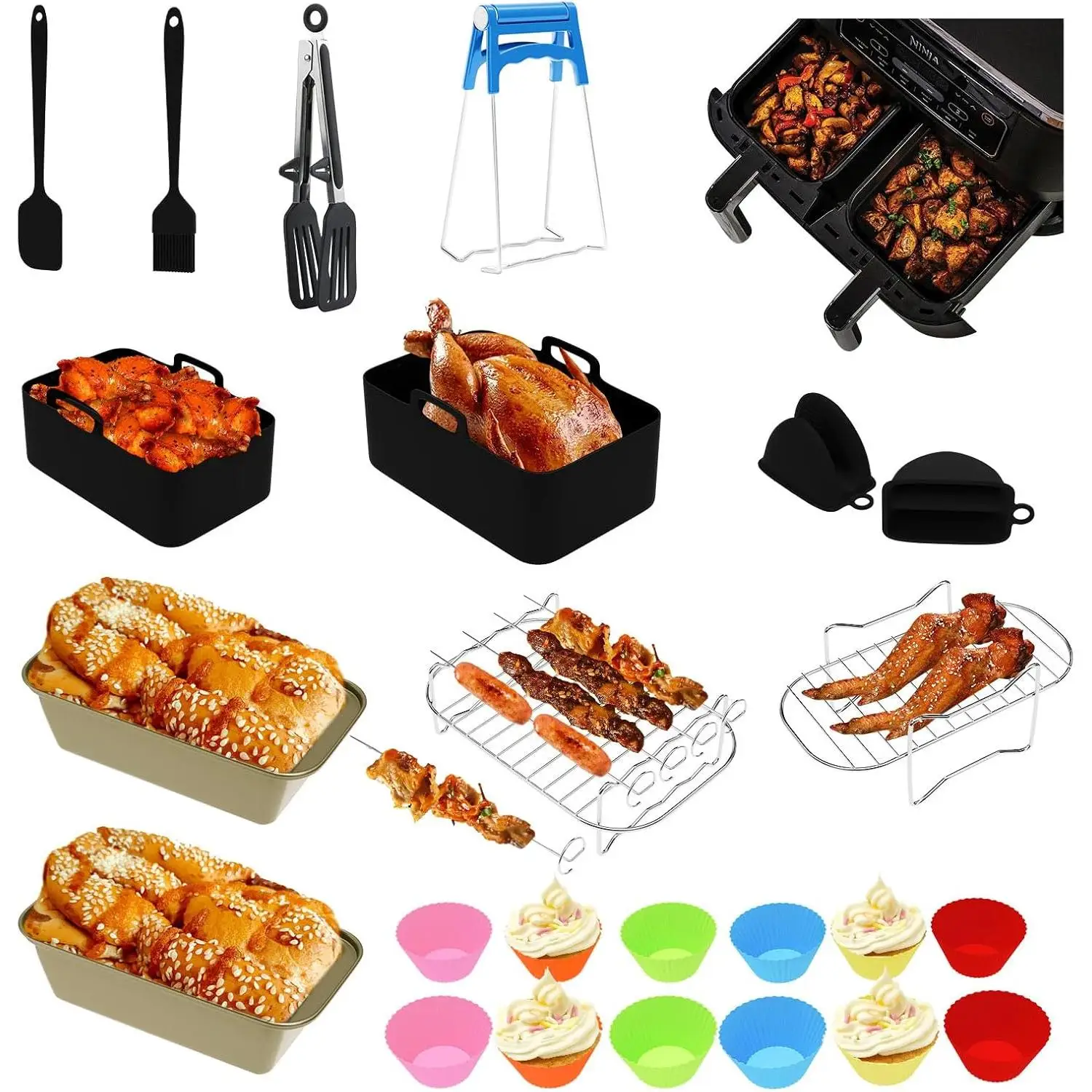 Kit de 24 Accesorios para Freidora de Aire Doble | Compatible con Ninja, Tefal, Philips y más | Moldes de Silicona, Rejilla de Acero Inoxidable, Pinzas, Moldes para Magdalenas, Guantes y Utensilios de