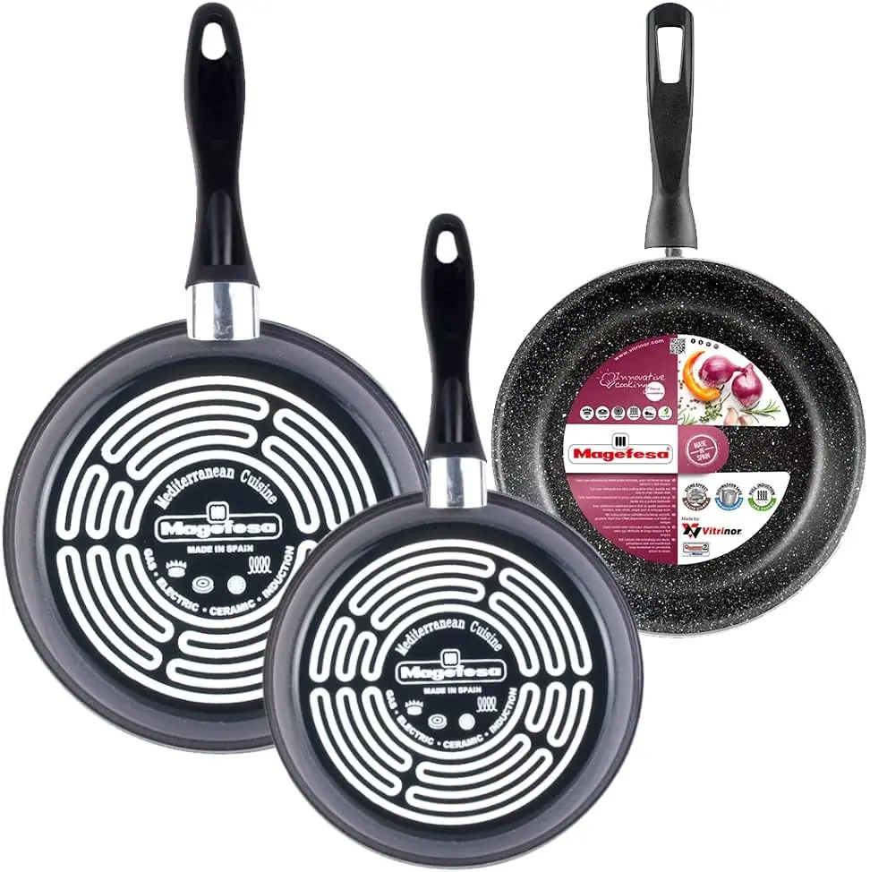 Magefesa K2 Gransasso set de 3 sartenes 18/20/24 cm. Exterior gris, antiadherente bicapa efecto piedra, aptas para todo tipo de cocinas, especial inducción. Hasta 50% de ahorro energético. Vitrinor