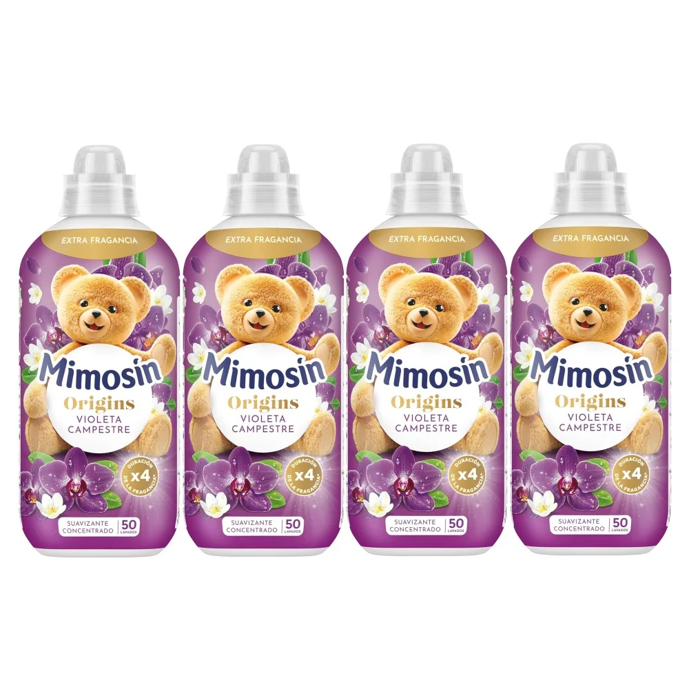 MIMOSIN Origins Suavizante Concentrado Violeta Campestre, Pack 4 x 50 Total 200 Lavados, Duración del Frescor x4, Fragancia sofisticada de jazmín, violeta y vainilla, Protege las Fibras de tu Ropa y preserva el brillo del color